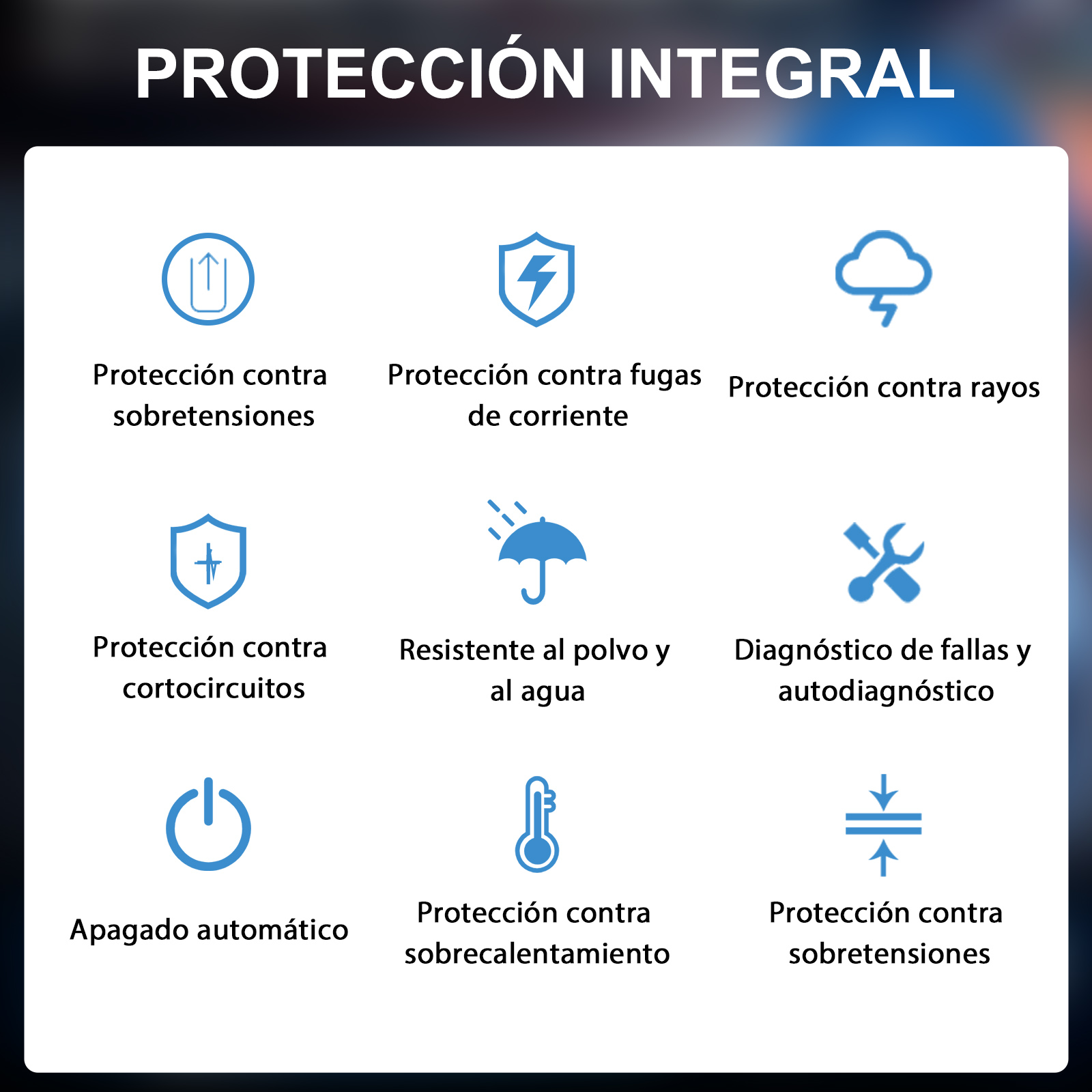Gráfico con 9 iconos para funciones de protección del producto como sobretensión, cortocircuito, rayos.