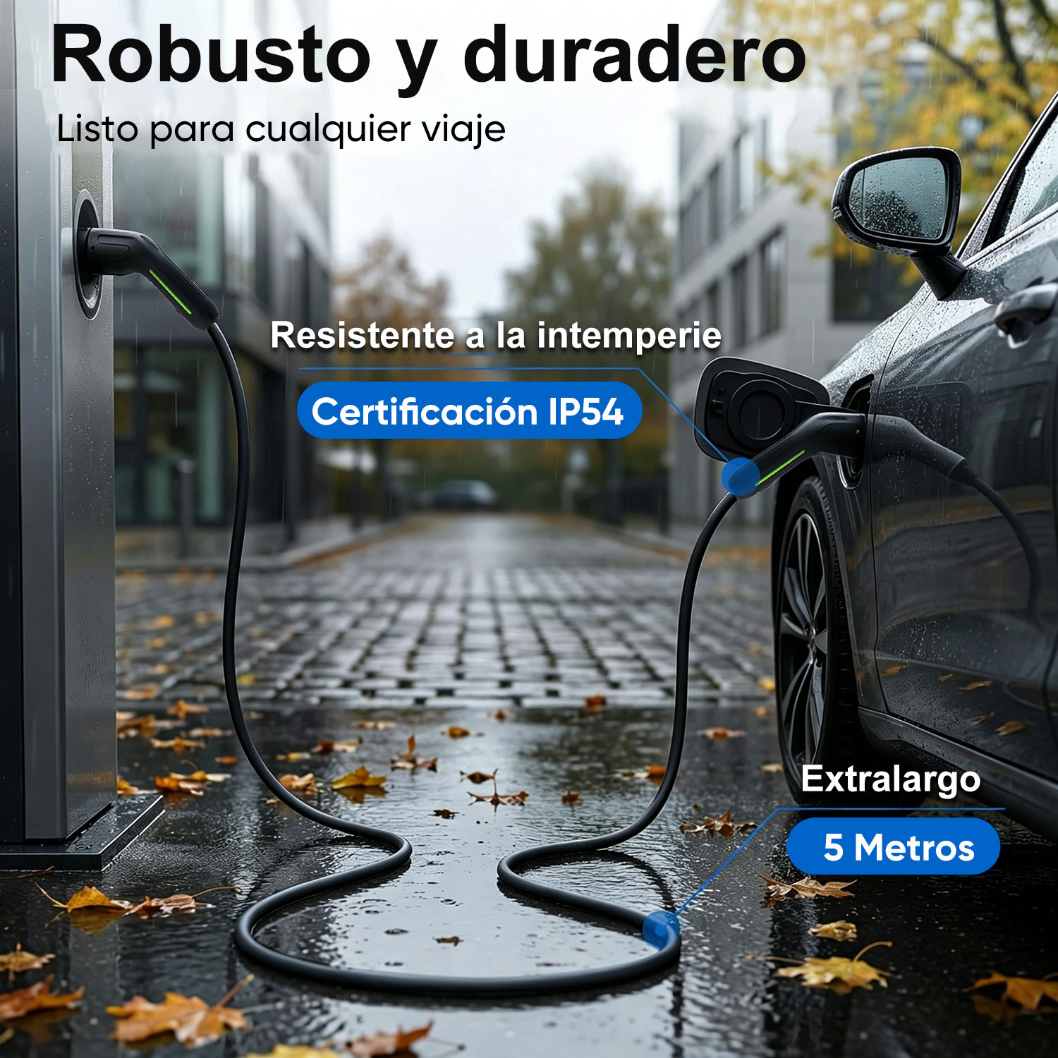 Un coche eléctrico carga en una estación bajo la lluvia, con hojas de otoño.