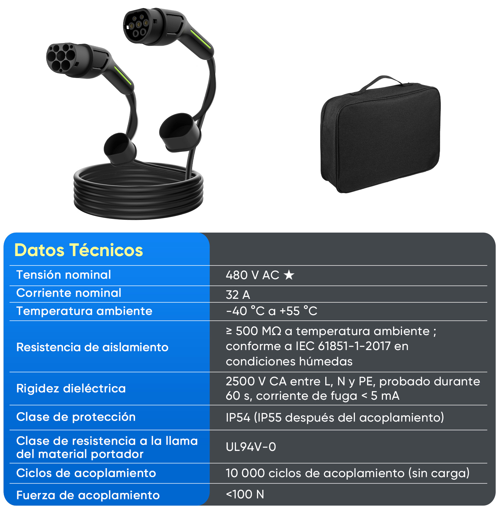 Dos conectores de carga negros con cable y una bolsa negra. Datos técnicos.