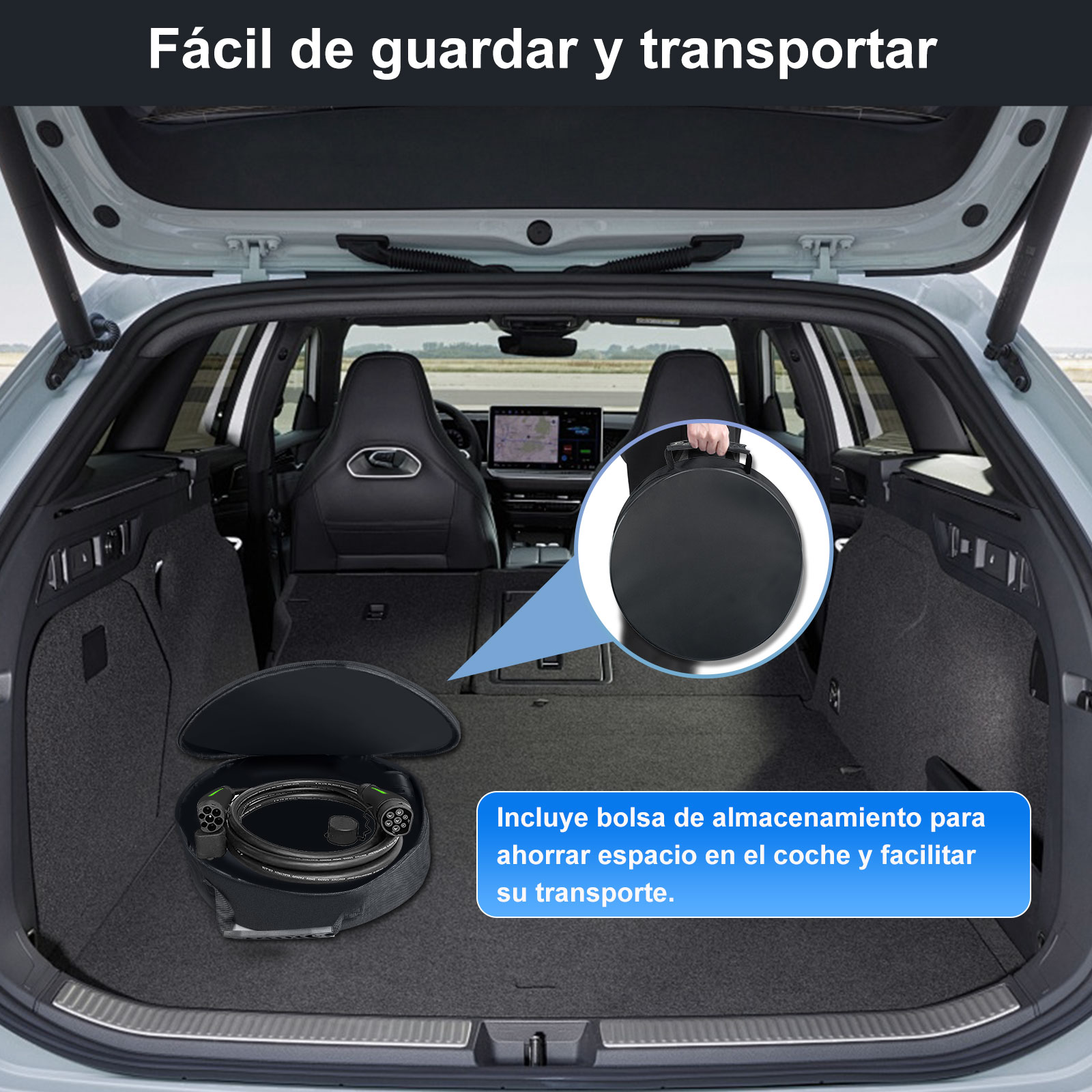 Cable de carga en una bolsa redonda en el maletero de un coche.