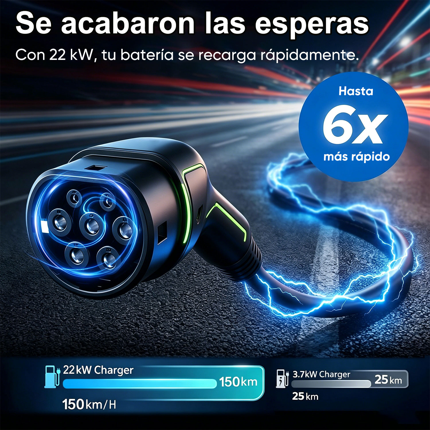 Un enchufe de carga EV negro con luces azules y relámpagos sobre fondo de asfalto.