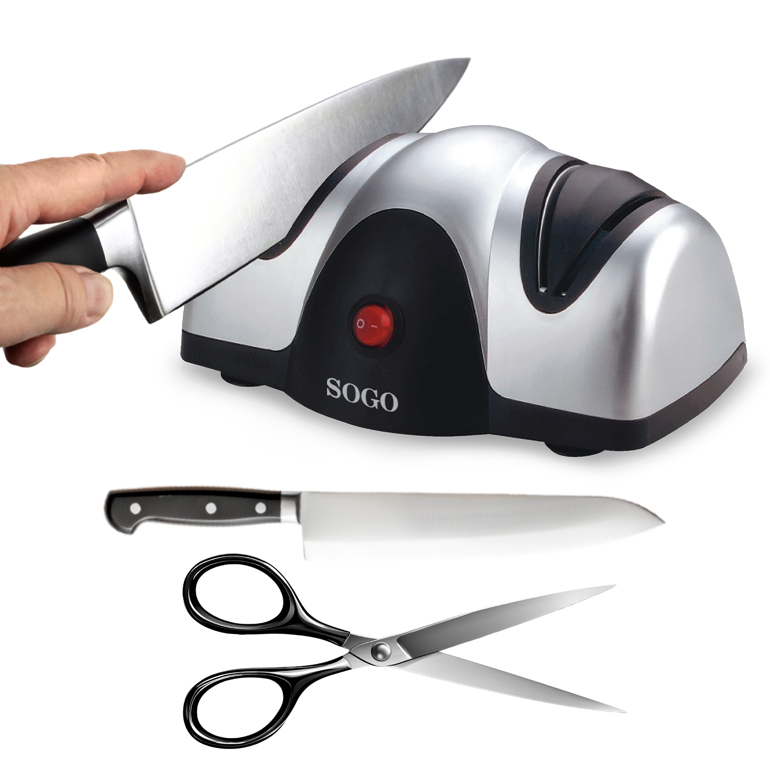Un'affilacoltelli con un coltello, forbici e un coltello.