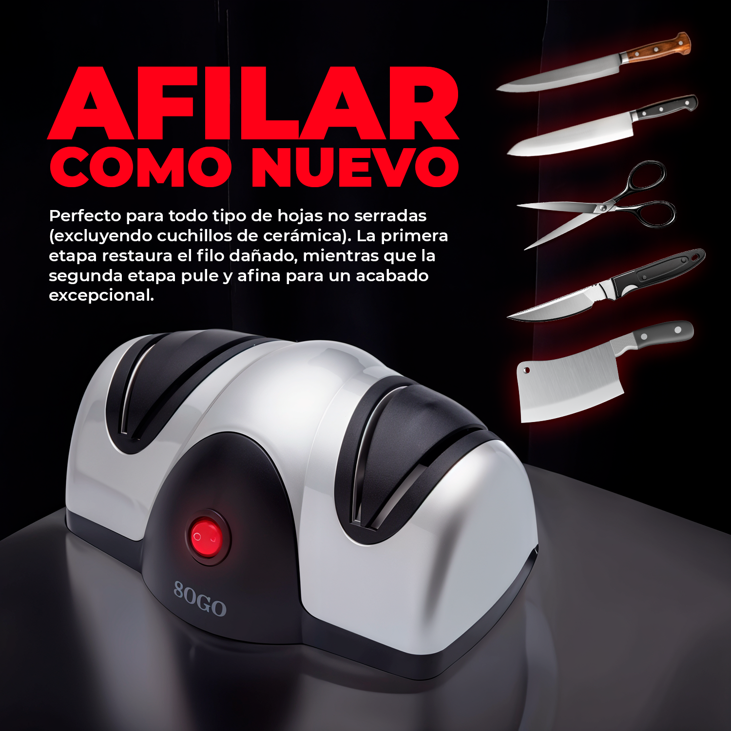Un'affilacoltelli argentato con pulsante rosso e vari coltelli.