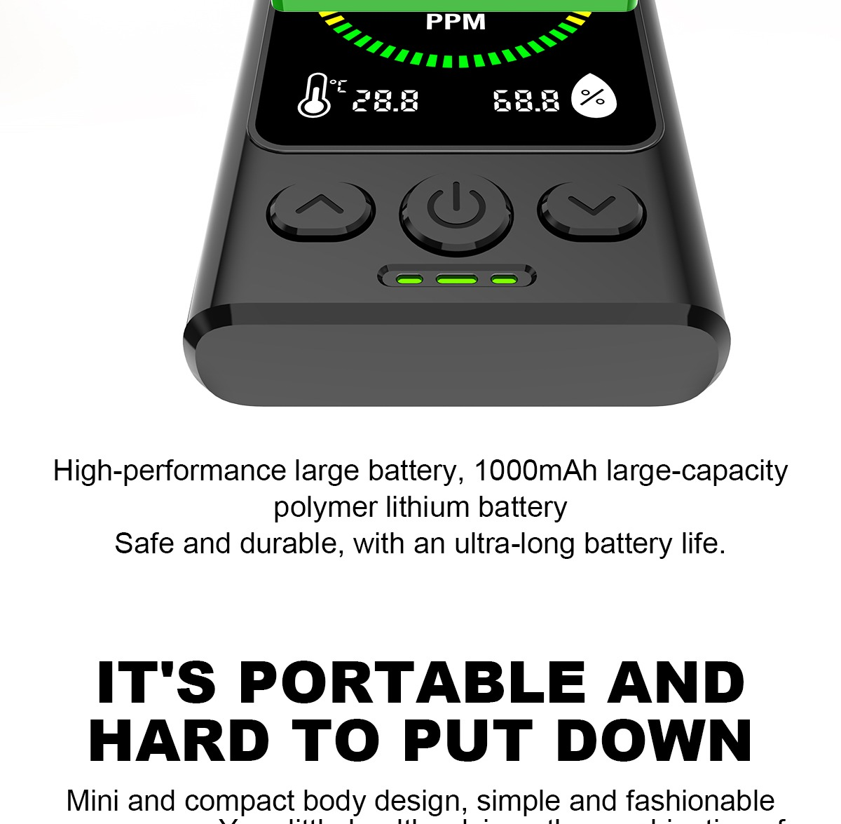 Black device screen displays PPM, 28.8°C, 68.8% and battery icons.