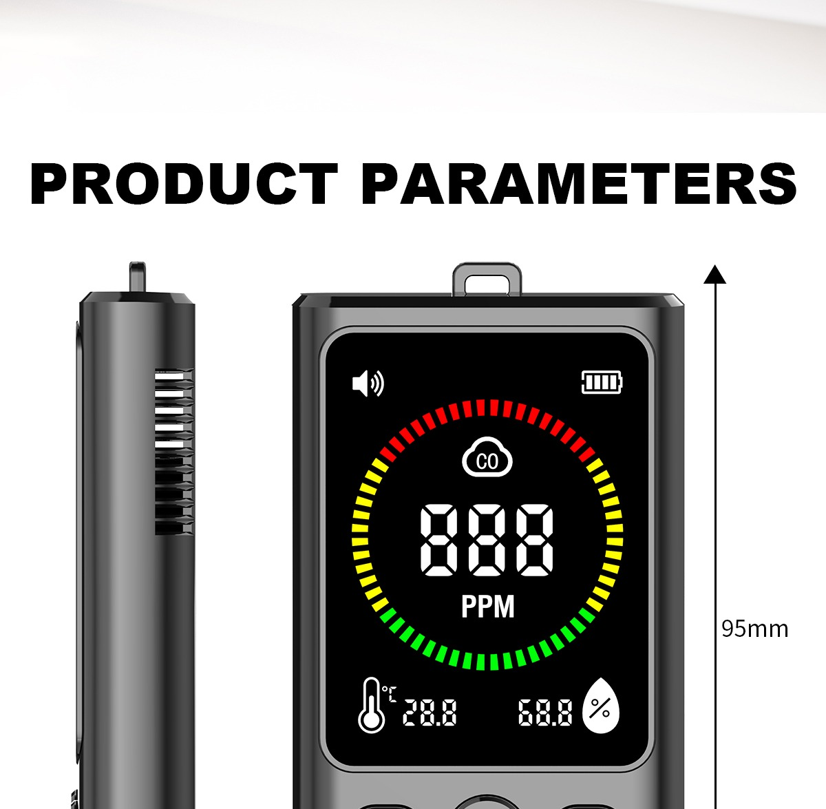Digital CO display with bar graph, temperature, and humidity.