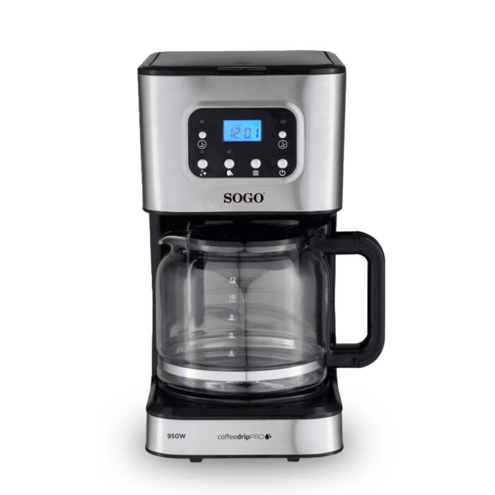 Macchina da caffè argentata con caraffa in vetro e display digitale. Etichetta SOGO.