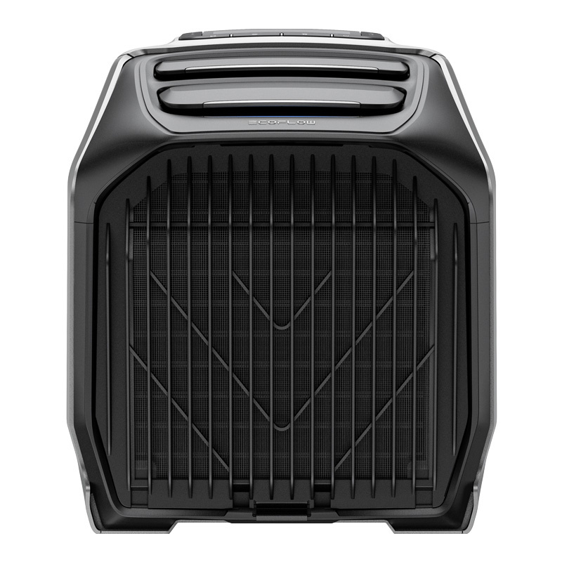 Czarny, prostokątny generator przenośny z grillem z przodu.