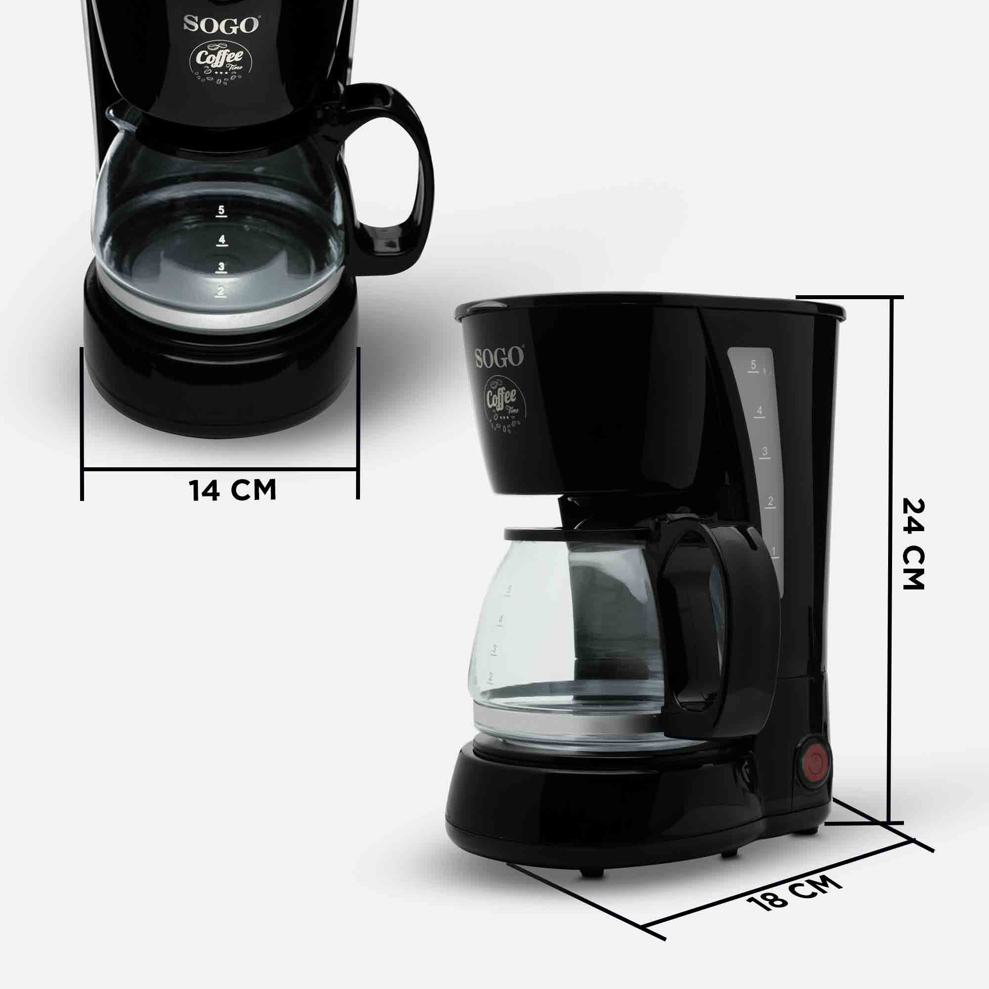 Macchina da caffè nera con caraffa in vetro, dimensioni 18x14x24cm.