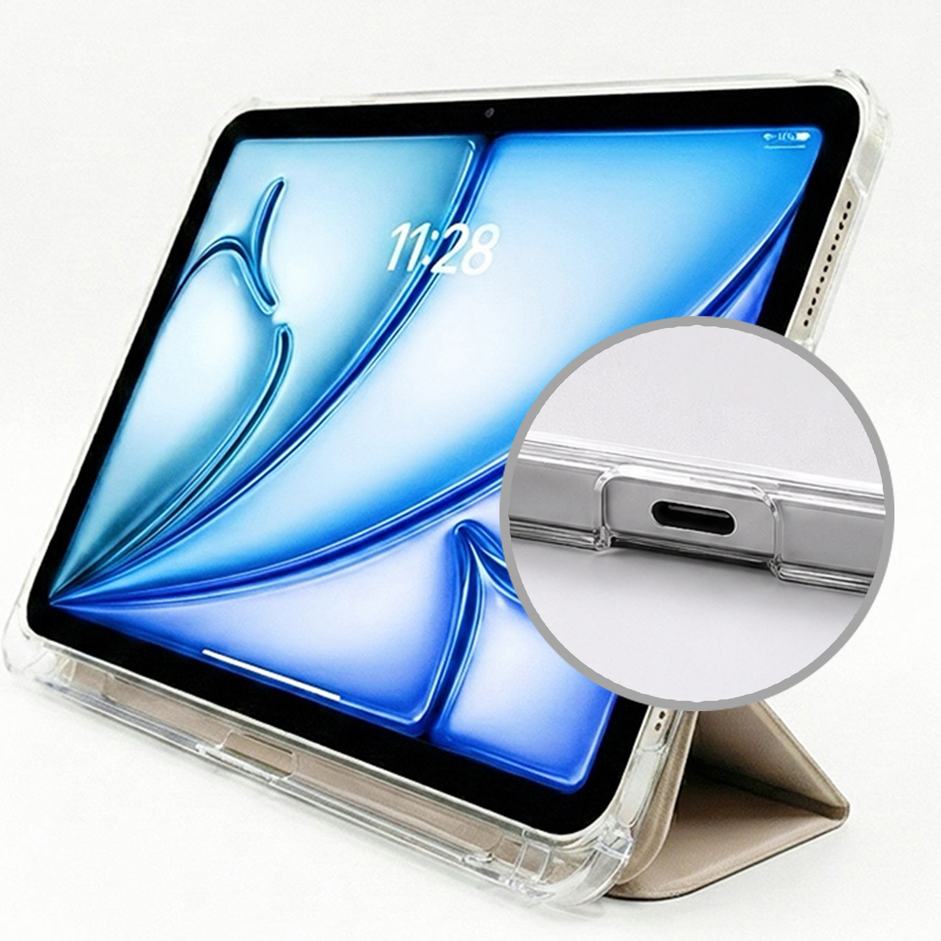 Przezroczysta podstawka pod tablet ze szczegółowym portem ładowania.