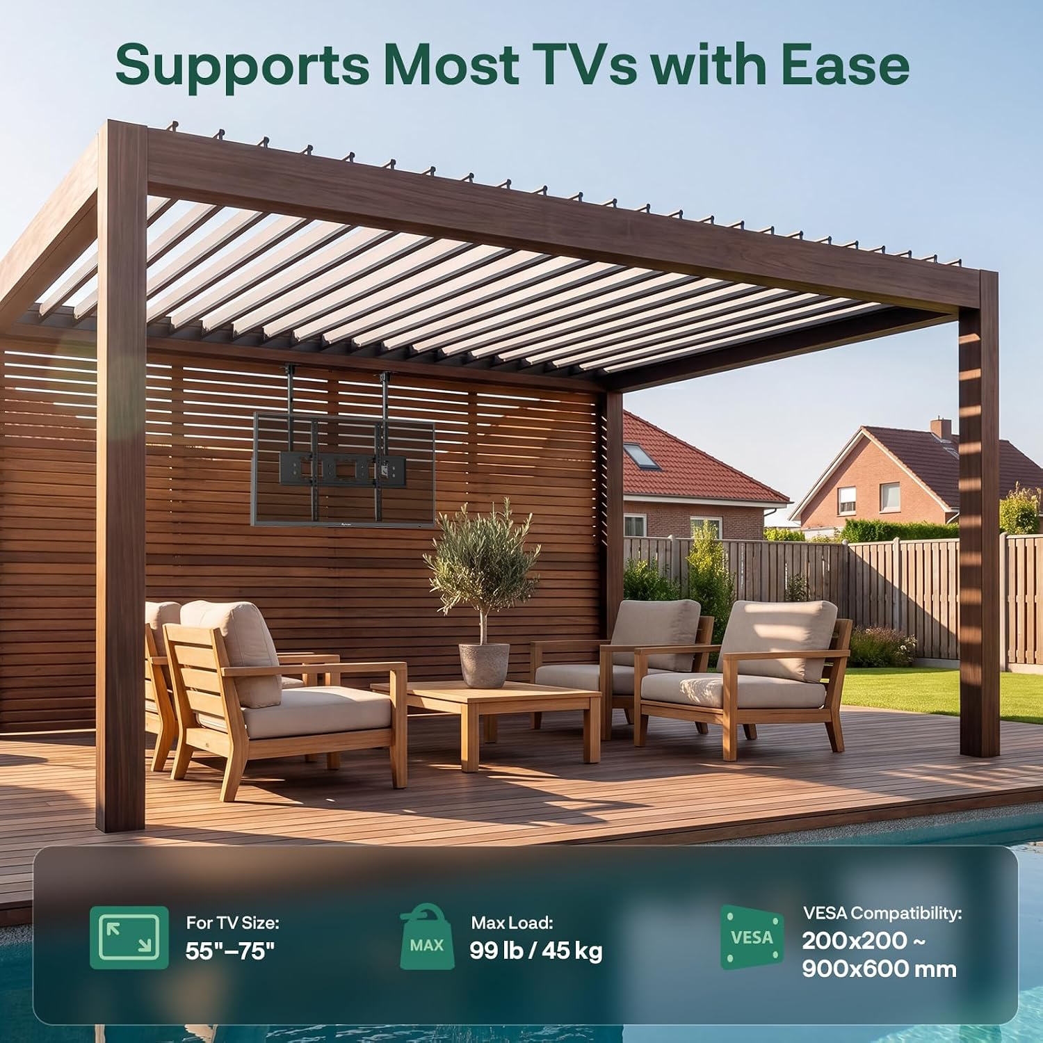 Ein TV-Wandhalterungssystem wird unter einer Holzpergola mit Möbeln und Pool gezeigt.