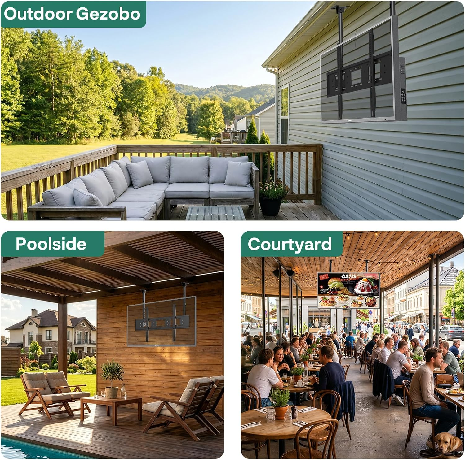 Mehrere Outdoor-Szenen: Deck mit Sofa, Poolterrasse mit Sitzgelegenheiten, belebtes Café.