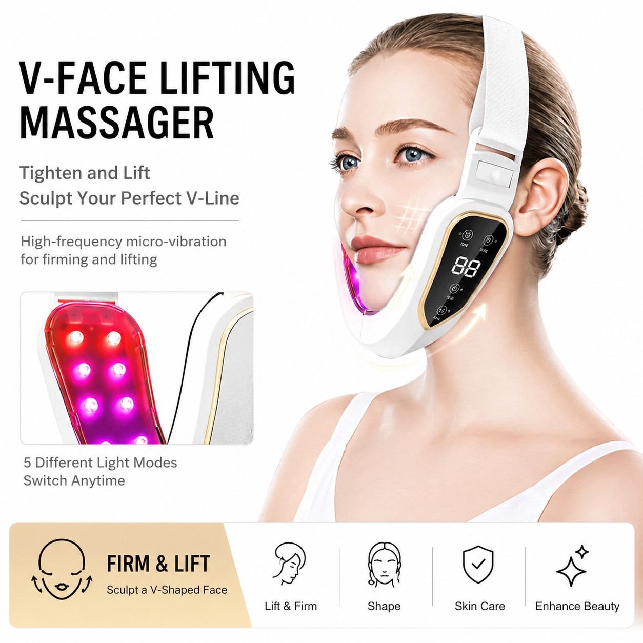 Frau trägt einen V-Gesichtslift-Massager mit LED-Lichtern und Digitalanzeige.