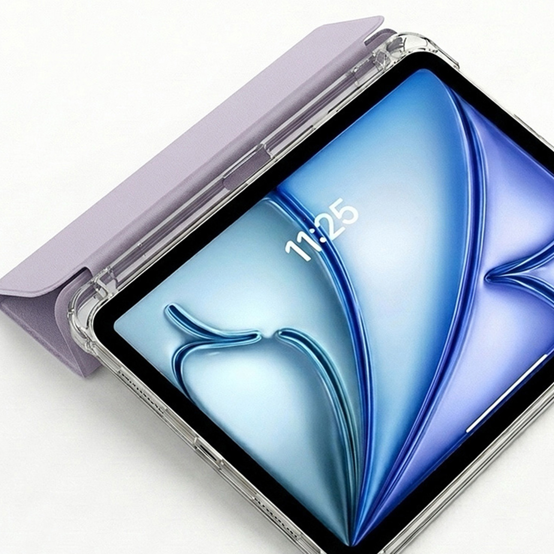 Fioletowy tablet w przezroczystej obudowie z niebieskim tłem na białej powierzchni.