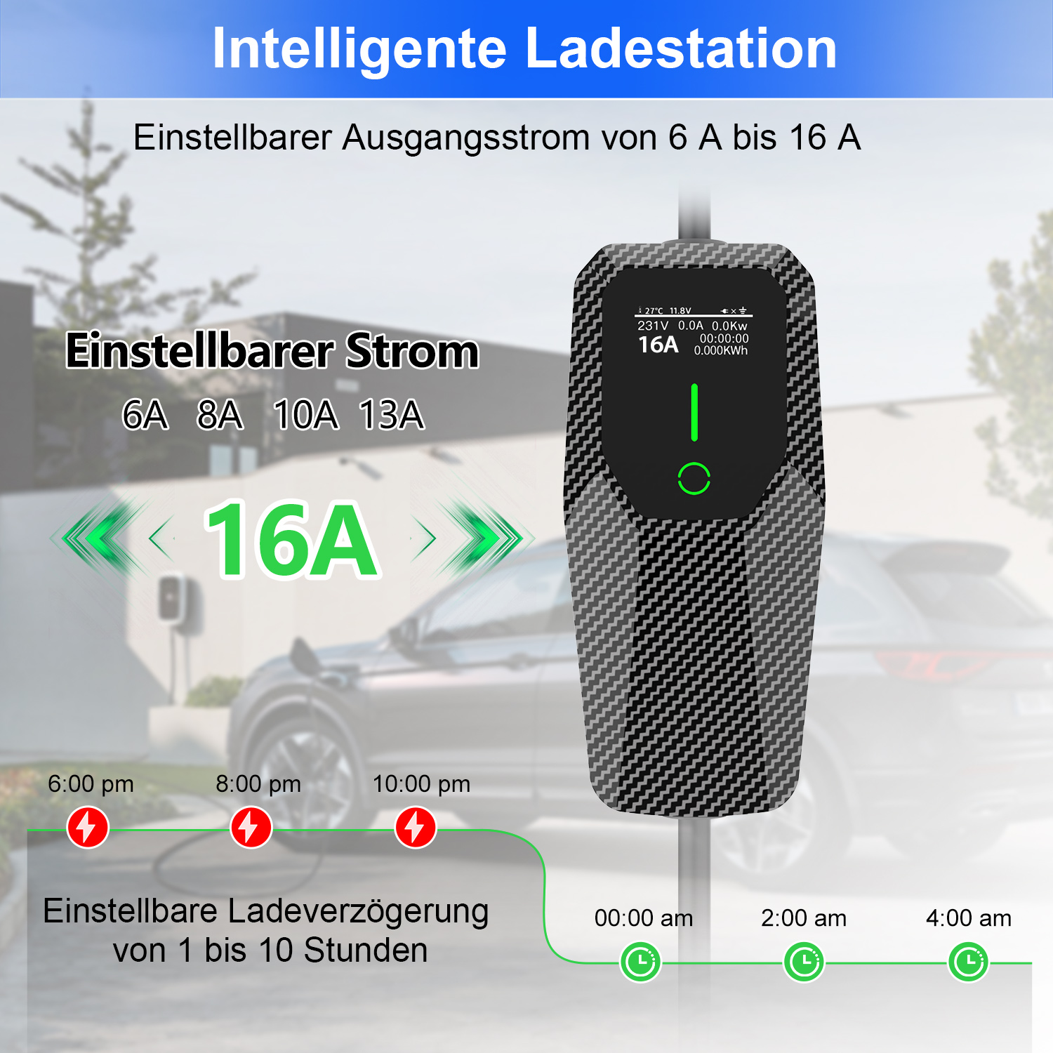 Intelligente Ladestation mit einstellbarem Strom von 6-16A und Ladeverzögerung.