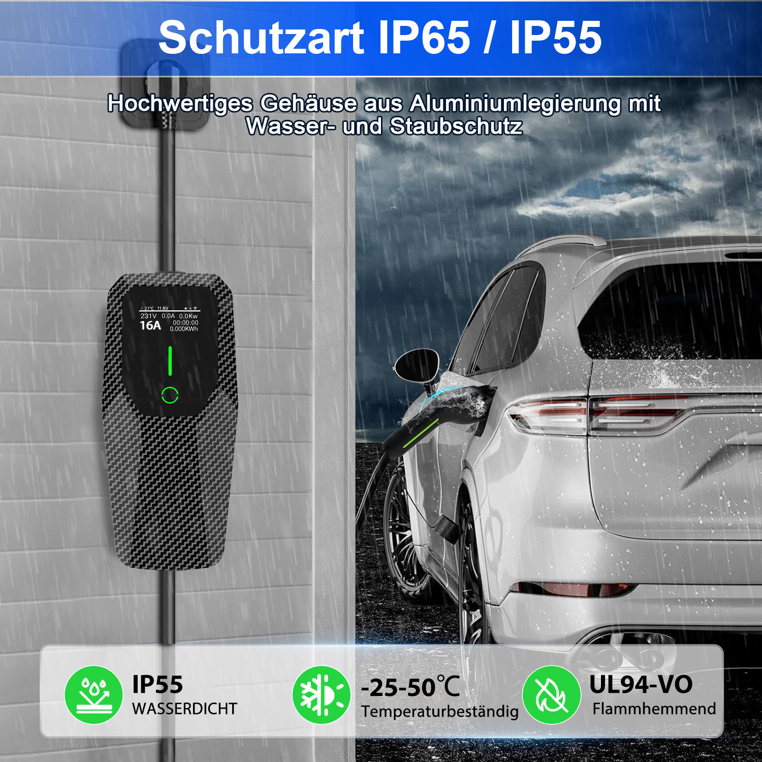 Ein schwarzer E-Auto-Ladegerät mit Display steht im Regen neben einem weißen SUV.