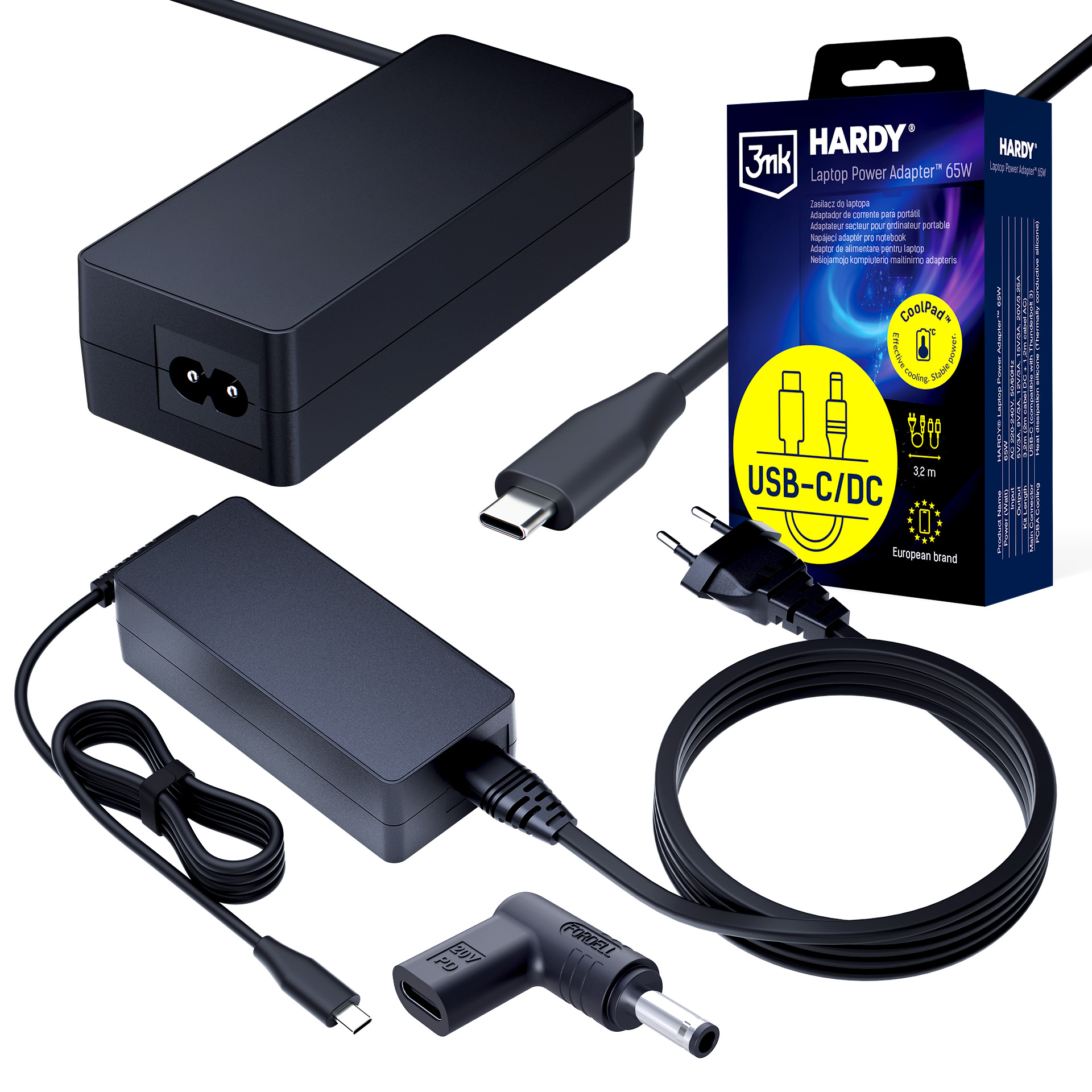 Czarny zasilacz do laptopa Hardy 65W USB-C z kablami i opakowaniem.