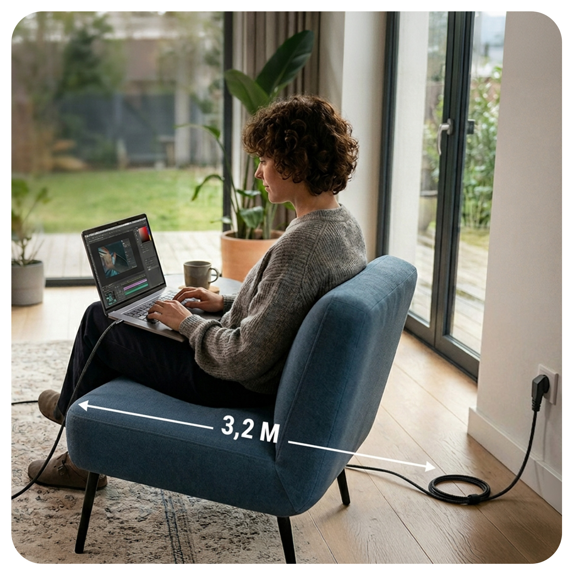 Kobieta siedzi w niebieskim fotelu, używa laptopa. Kabel 3,2m.