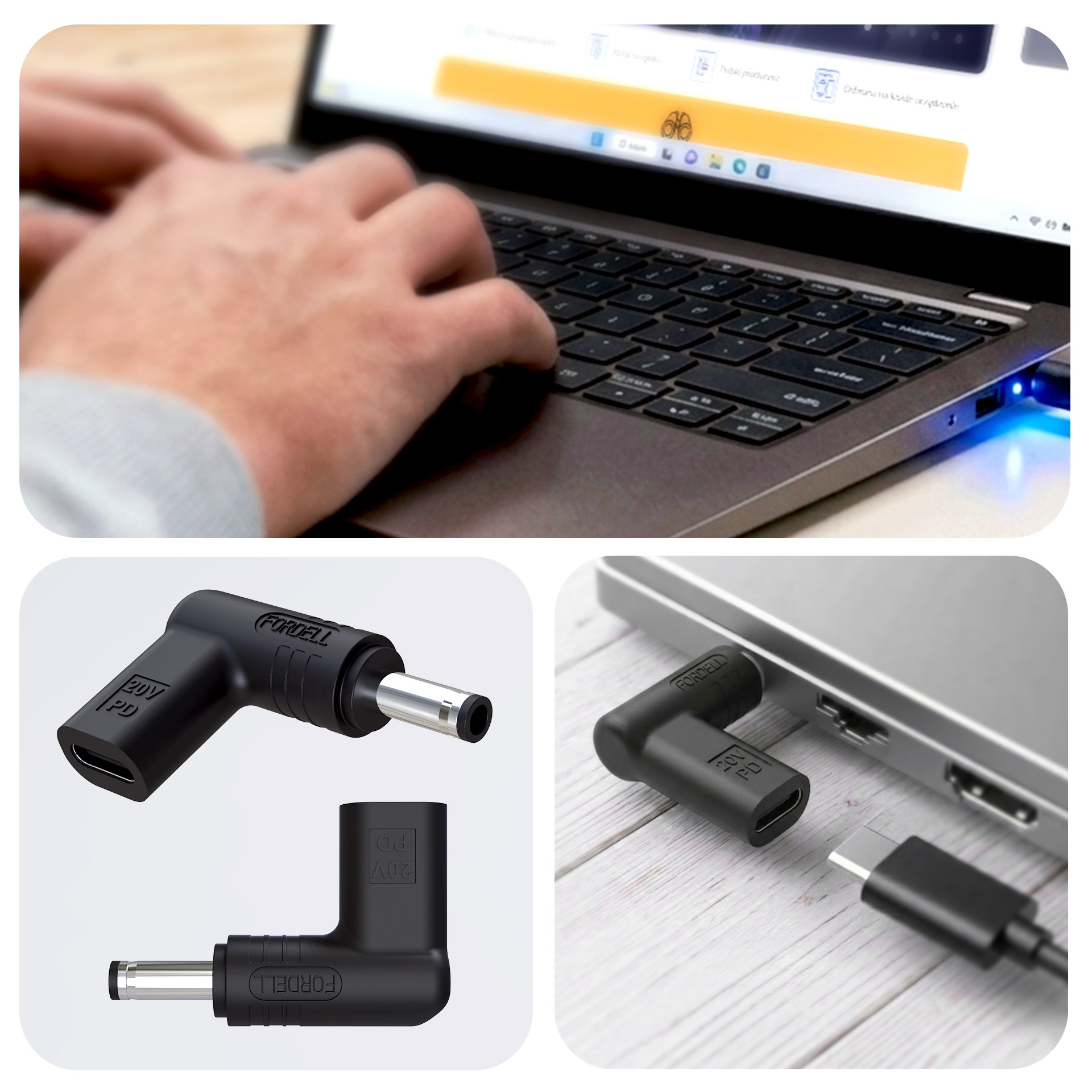 Czarny adapter ładujący 20V PD podłączony do laptopa.