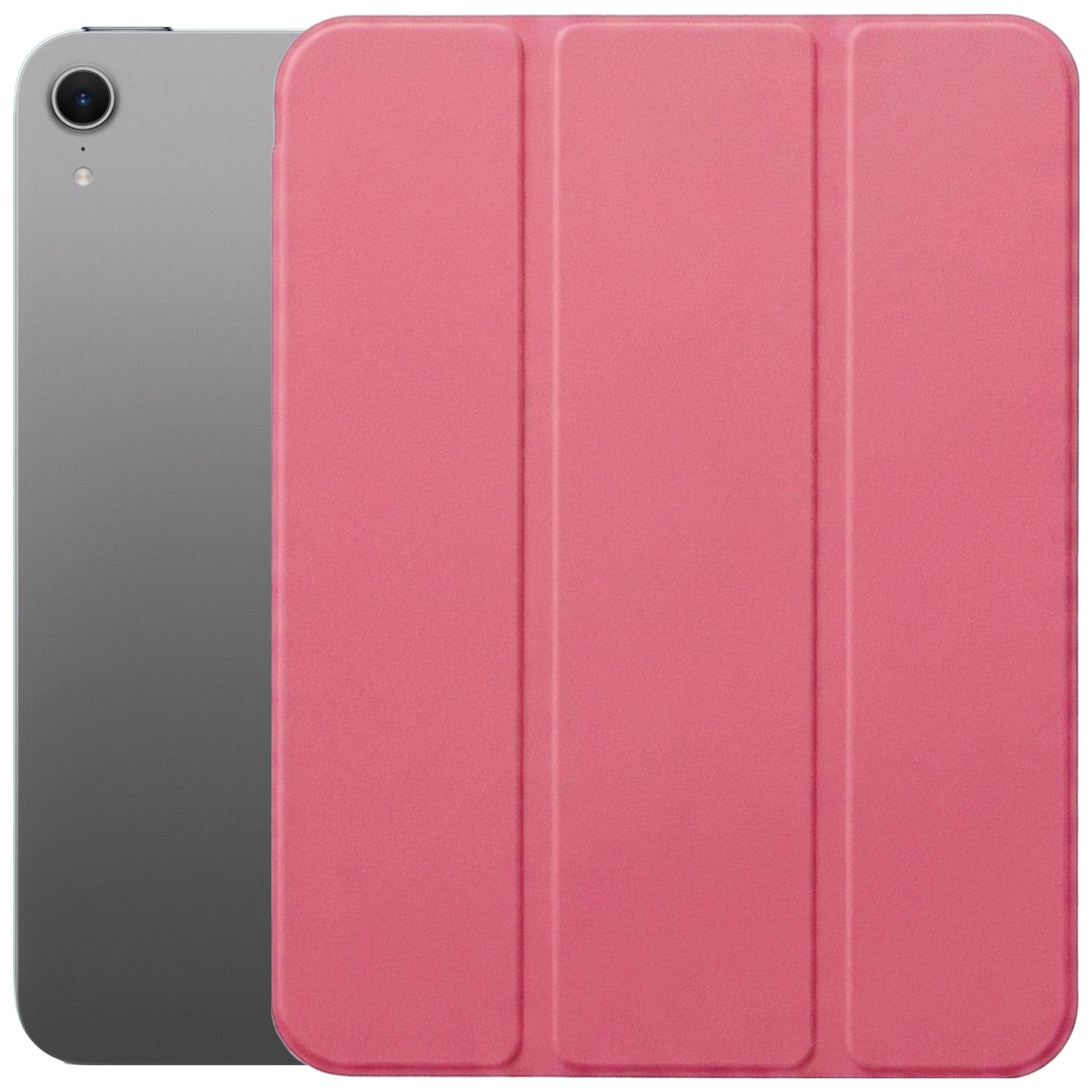 Szary tablet z różowym etui obok.