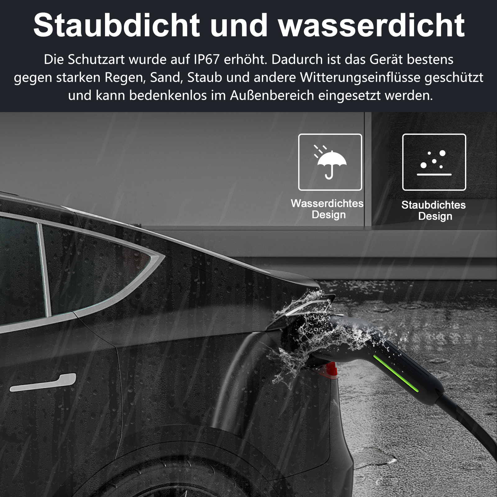 Ein schwarzes Elektroauto wird bei Regen geladen. Wasserdicht und staubdicht.