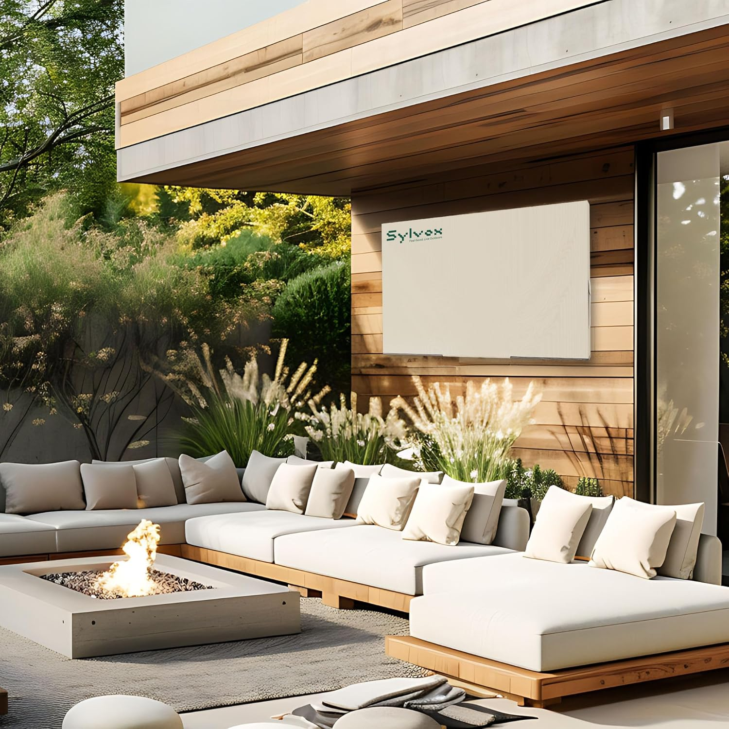 Eine moderne Terrasse mit einem weißen Sofa, einem Beton-Feuerplatz und einem hellbeigen Gerät an der Holzwand.