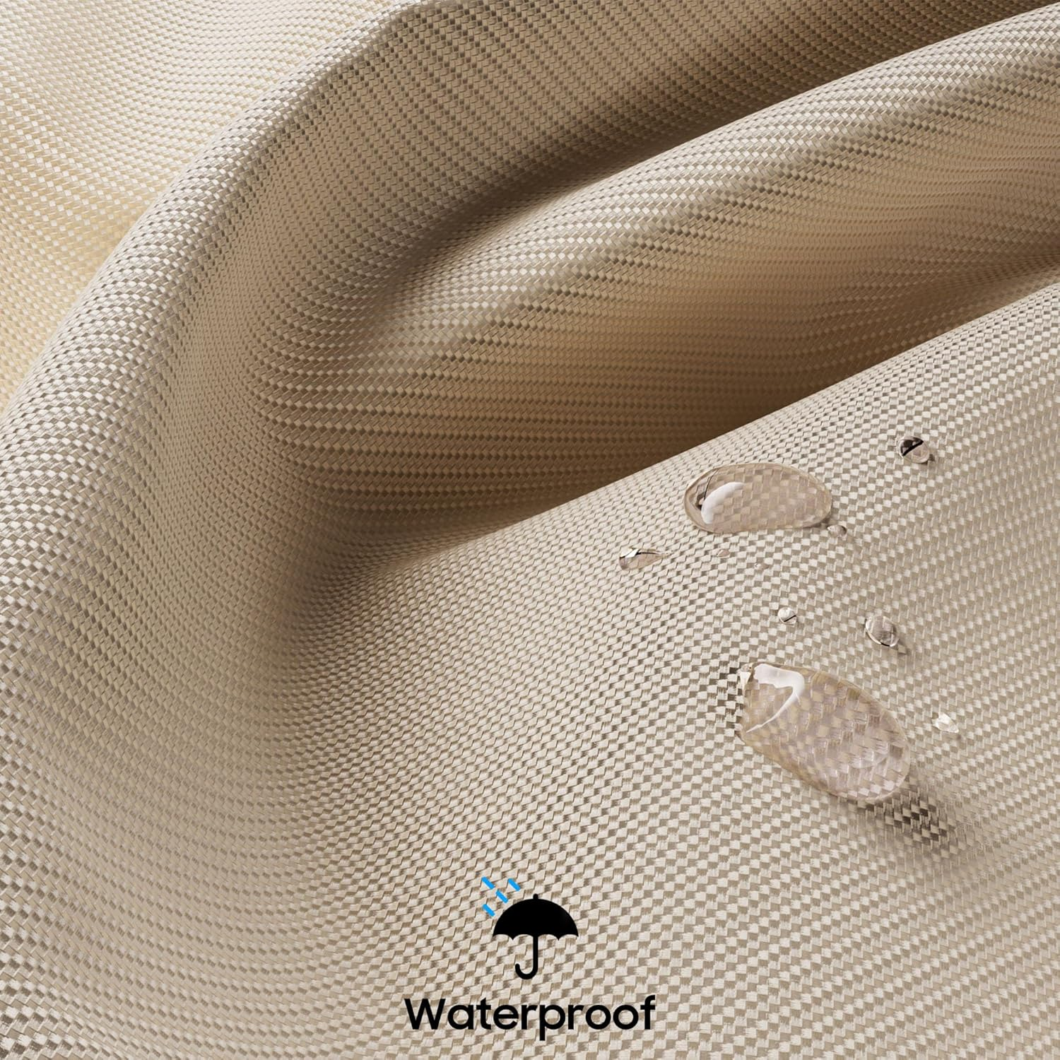 Beigefarbener, wasserabweisender Stoff mit Tropfen und Regenschirmsymbol.