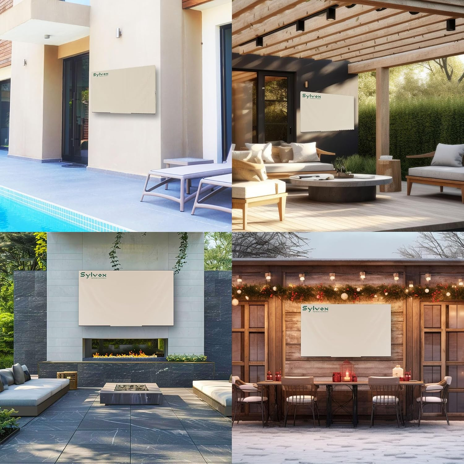 Vier Außenbereiche zeigen einen hellfarbigen Sylvox-Bildschirm. Pool, Terrasse, Kamin und Winterszene.