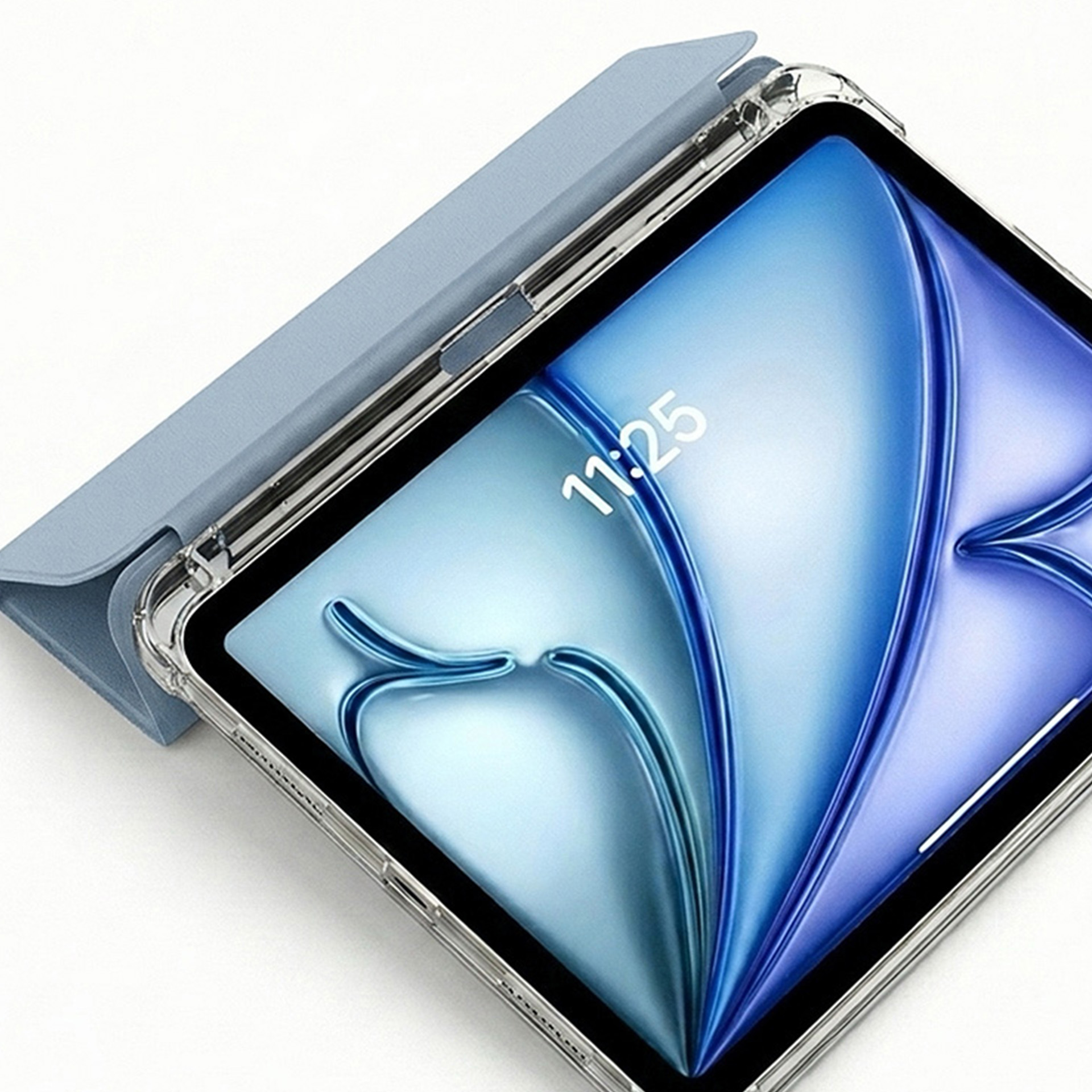 Niebieski tablet w etui, leżący na białym tle. Godzina 11:25.