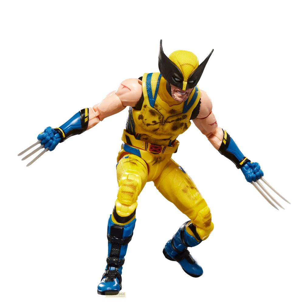 Figura de acción de Wolverine con uniforme amarillo, garras extendidas y detalles azules.