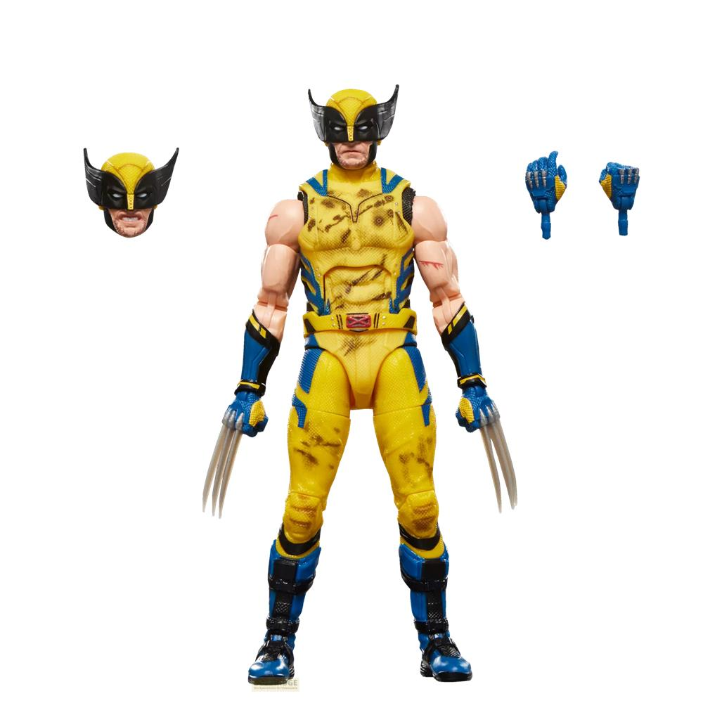 Figura de acción de Wolverine con traje amarillo y azul, garras, máscara y manos extra.