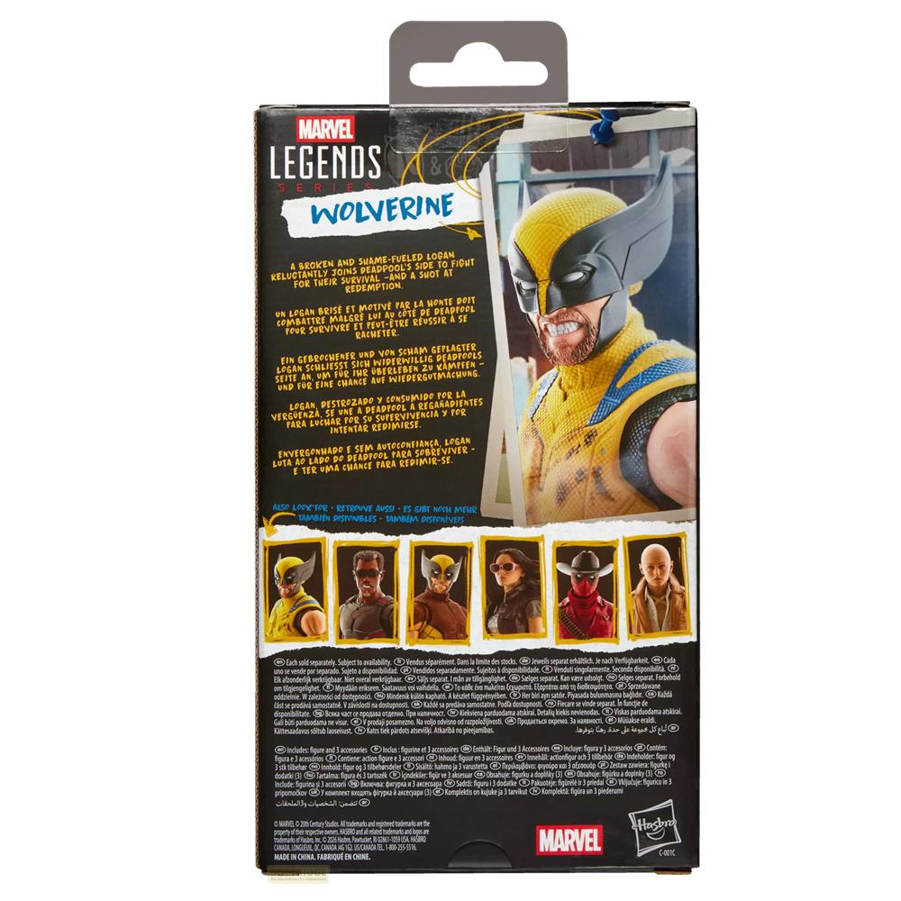 Embalaje de figura de acción Marvel Legends Wolverine mostrando a Wolverine y otras figuras.