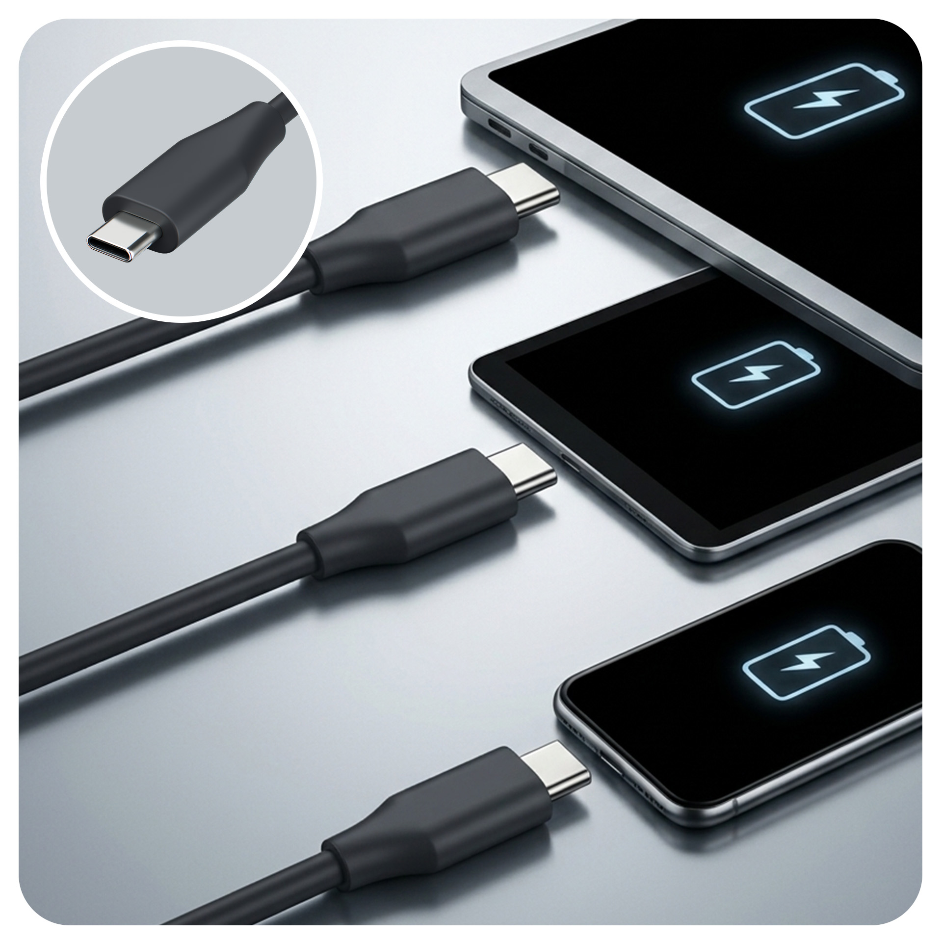 Trzy kable USB-C ładują trzy urządzenia z ikonami ładowania.