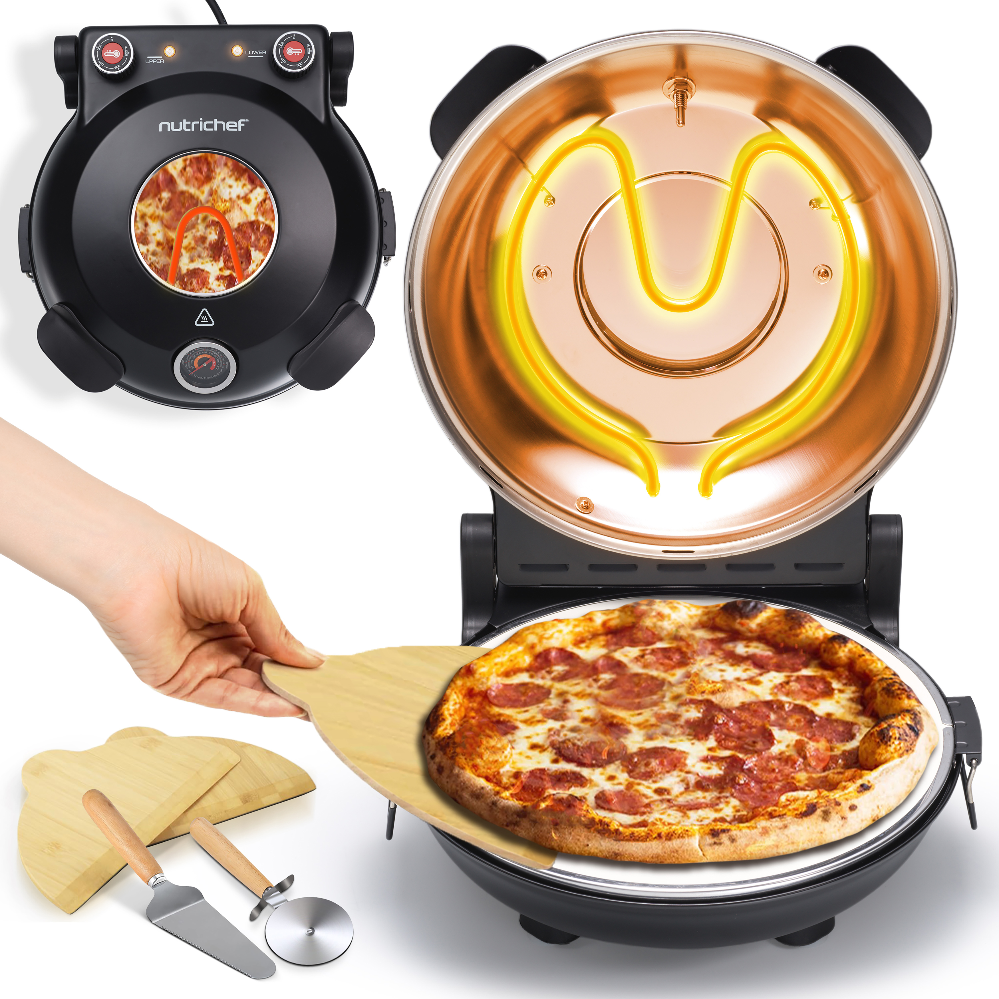 Ein Pizzaofen mit einer Pizza auf einem Schieber, eine Draufsicht des Ofens und Pizzawerkzeuge, auf weißem Hintergrund.