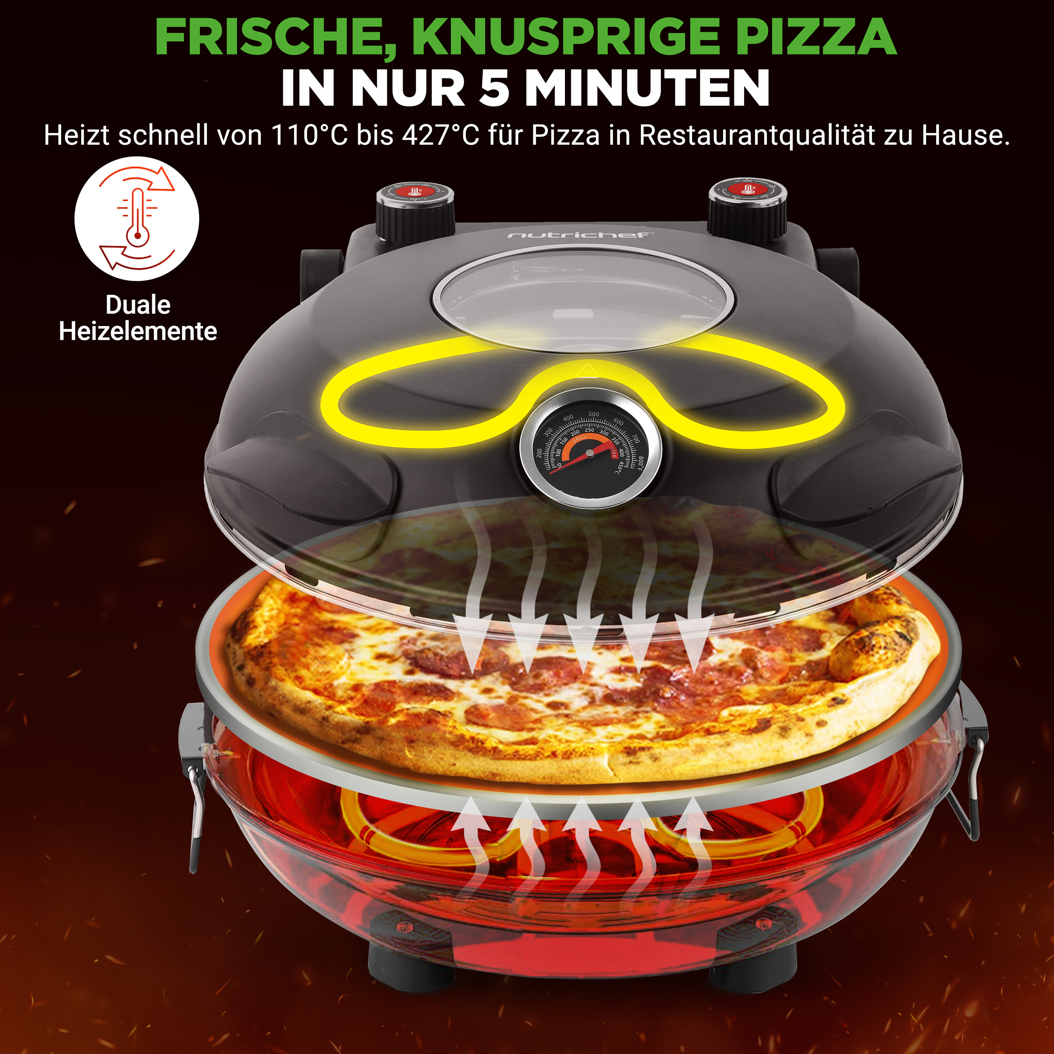 Pizzaofen mit aufgedampften Pfeilen, die heiße Luft anzeigen.