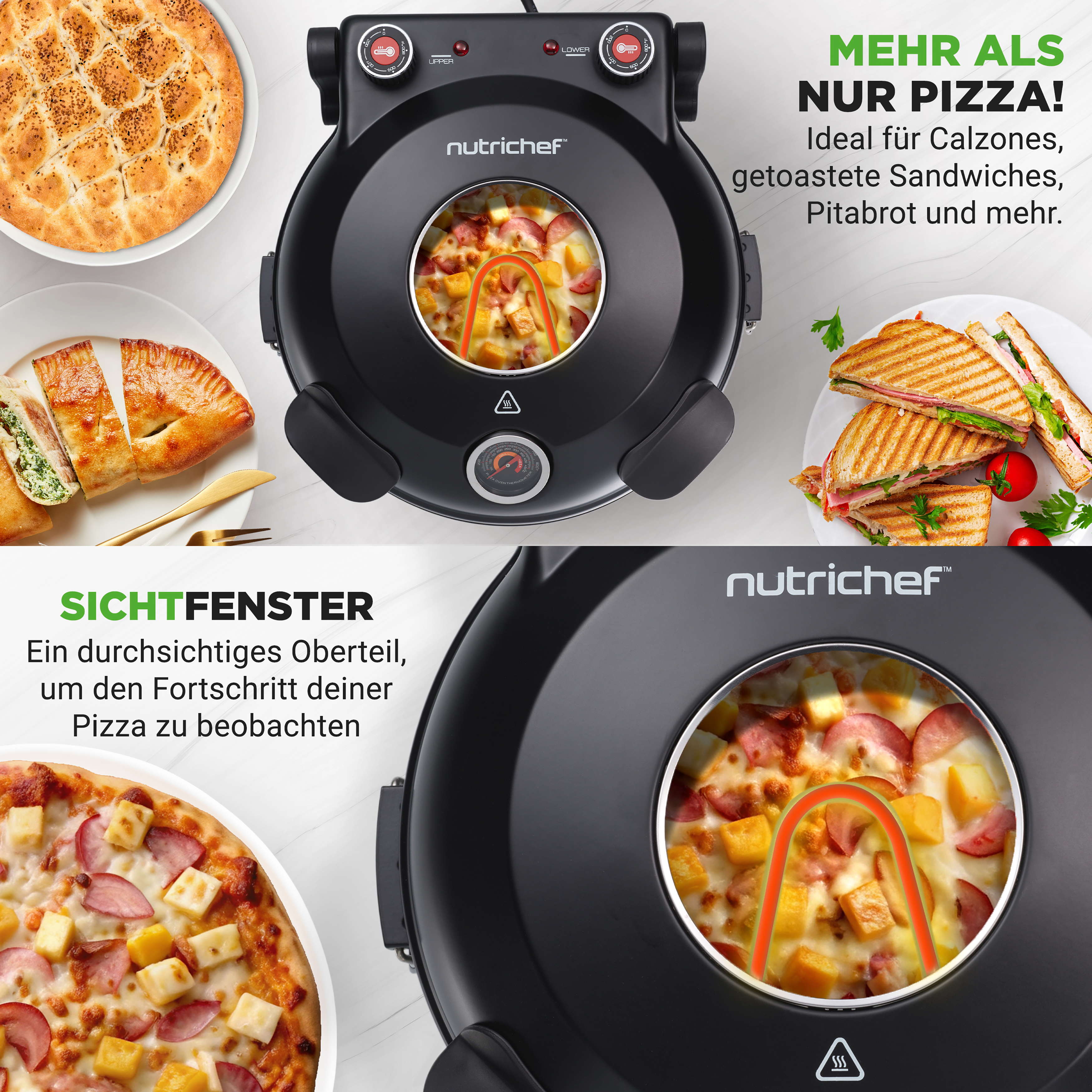 Ein schwarzer NutriChef Pizzaofen mit Pizzas, Sandwiches und Pitabrot.