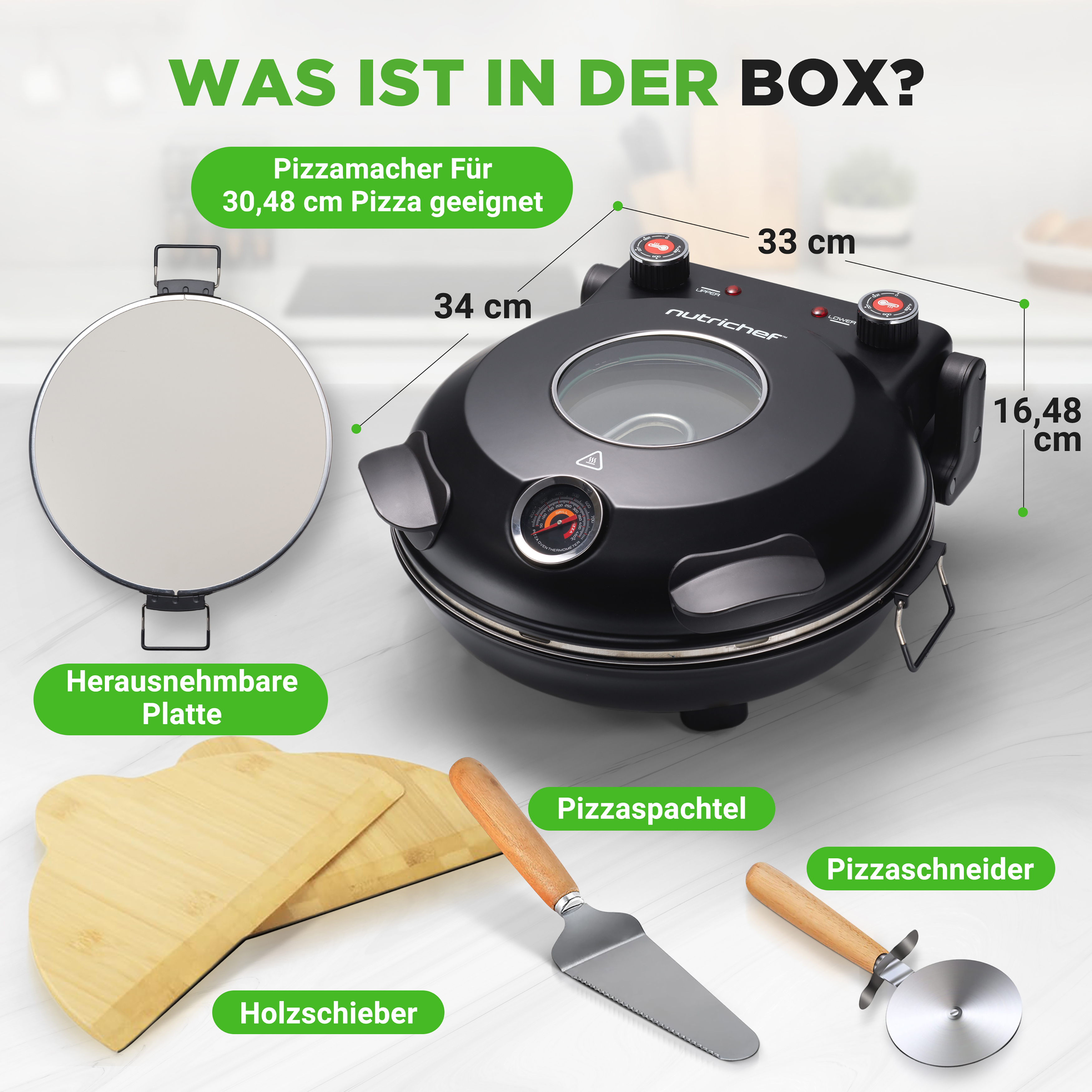 Ein Pizzamacher mit Zubehör: Pizzastein, Pizzaschaufel, Pizzaschneider.