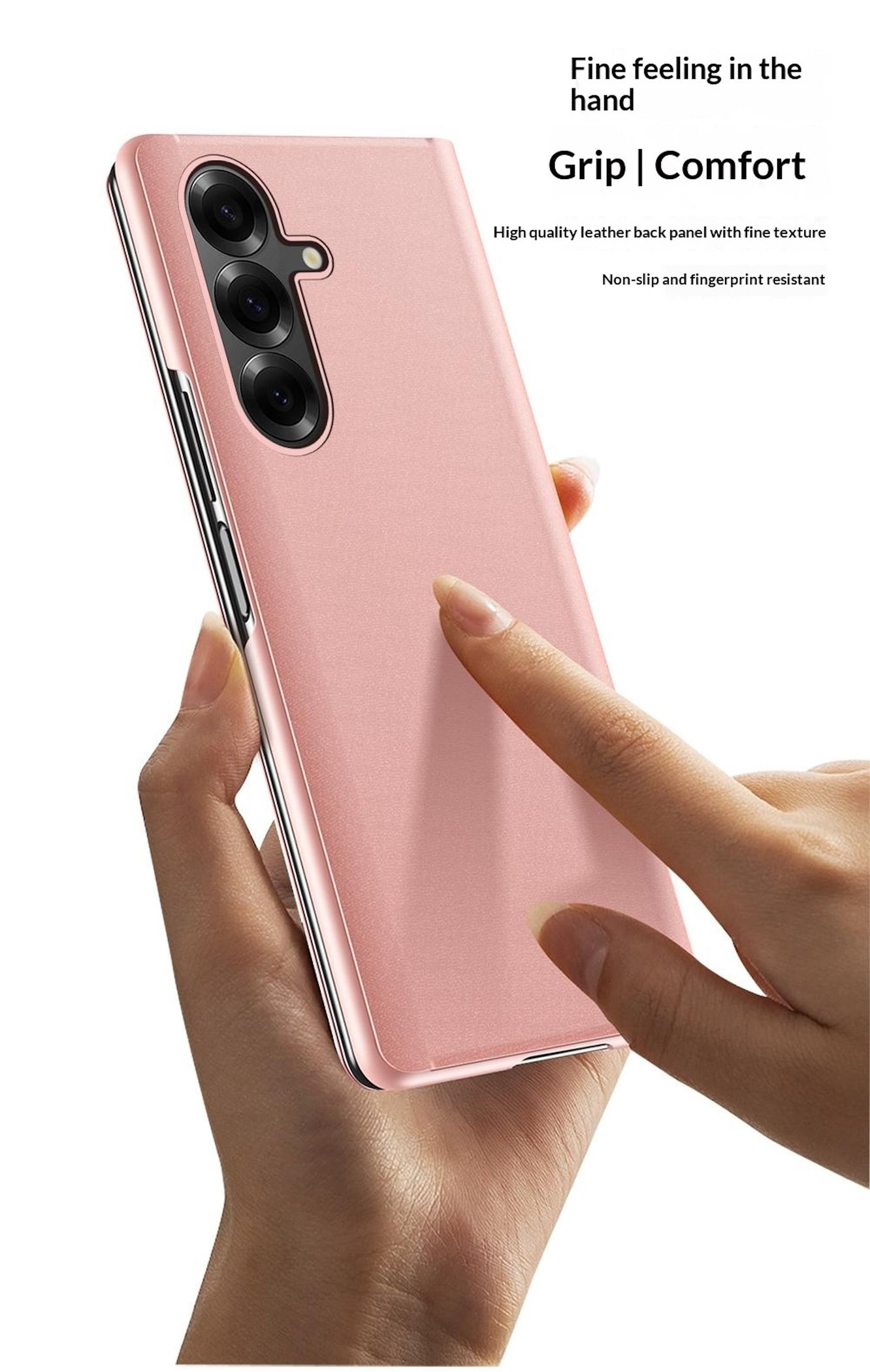 Eine Hand hält ein rosafarbenes Handy mit Leder-Rückseite. Nicht-Rutsch- und Fingerabdruck-resistent.