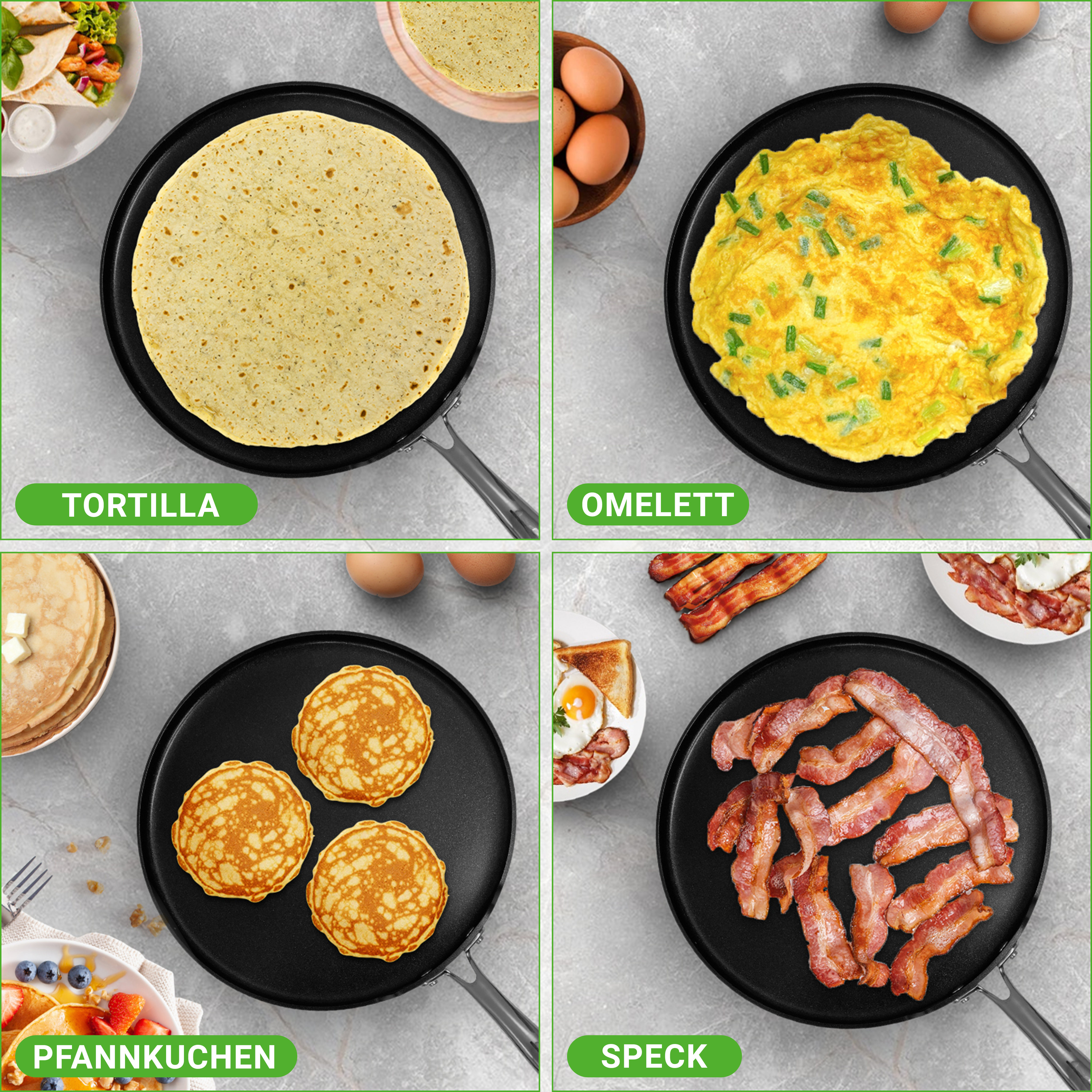 Vier Bilder zeigen die Zubereitung von Speisen: Tortilla, Omelett, Pfannkuchen und Speck.