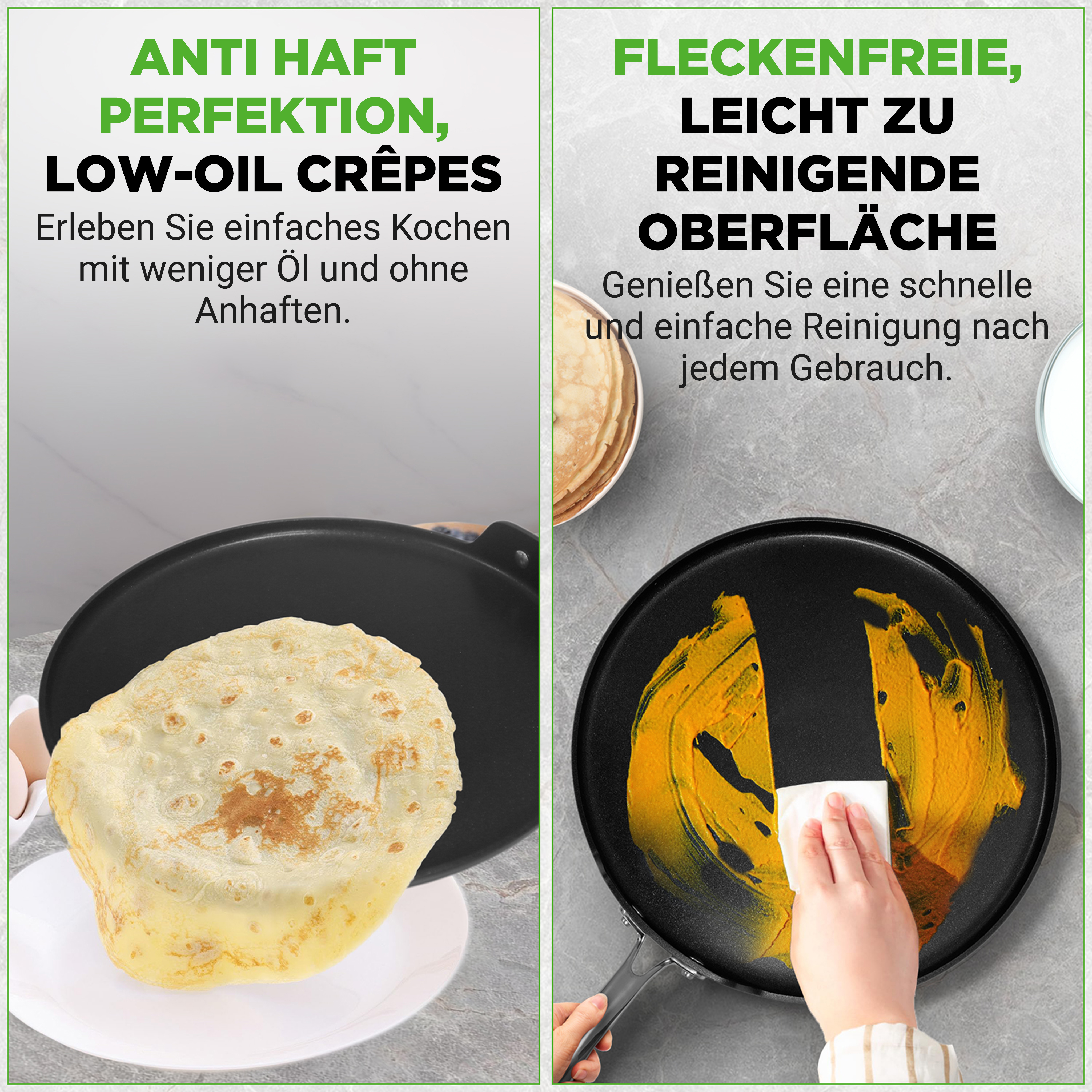 Zwei Bilder zeigen eine Crêpes-Pfanne: eine mit einem Crêpe, die andere beim Reinigen.