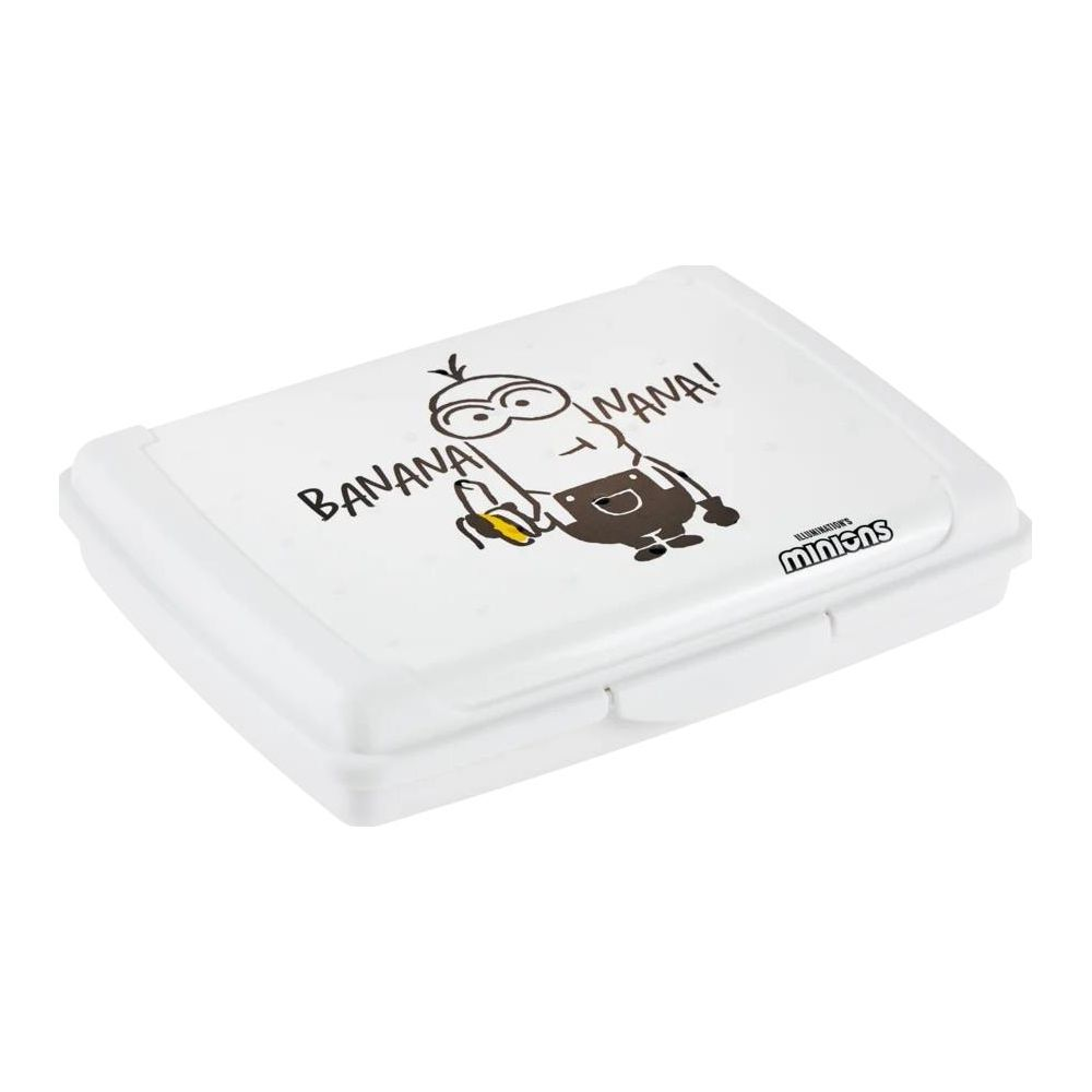 Weiße Lunchbox mit Minion-Aufdruck, das Bananen isst.