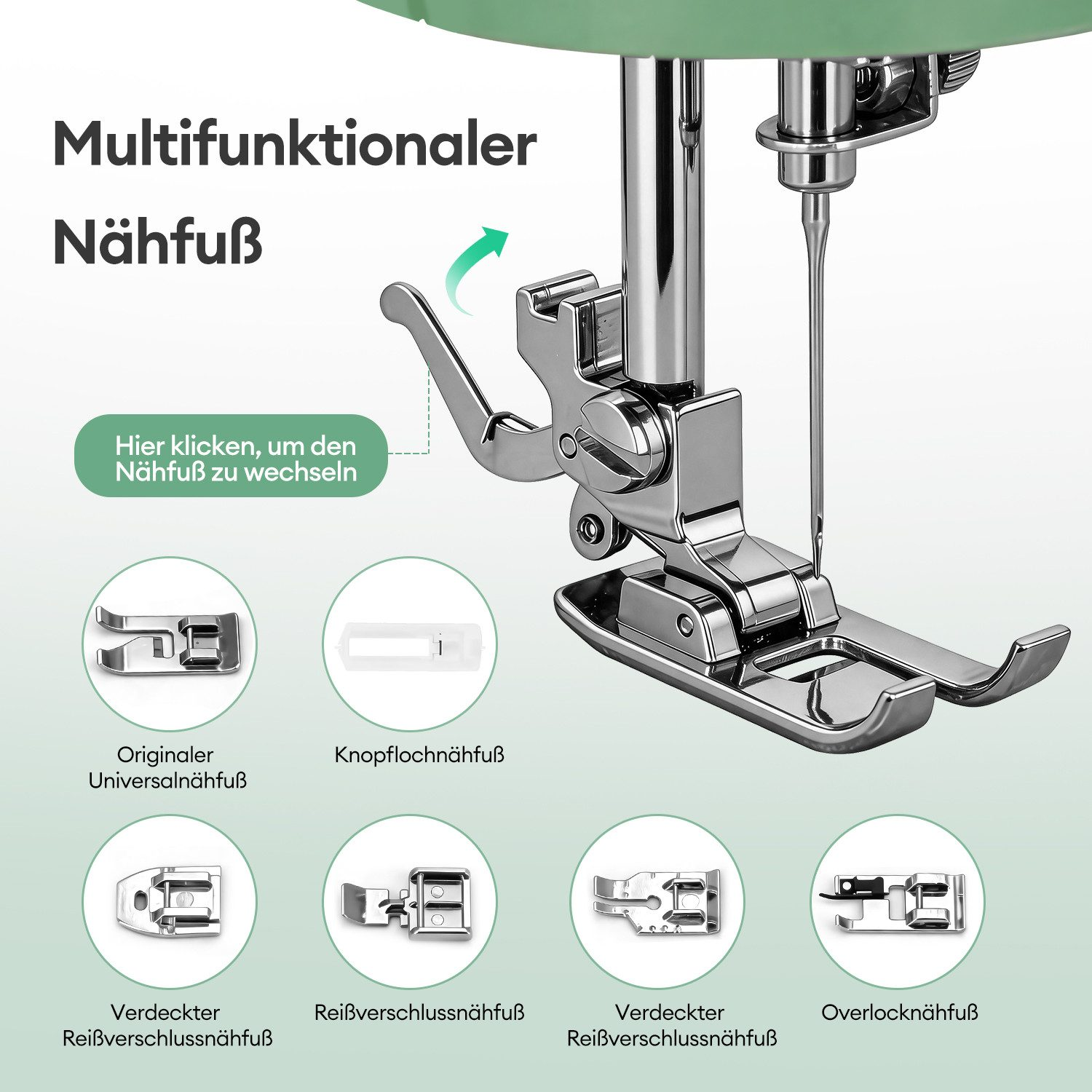 Multifunktionaler Nähfuß mit verschiedenen Aufsätzen wie Universal, Knopfloch und Reißverschluss.