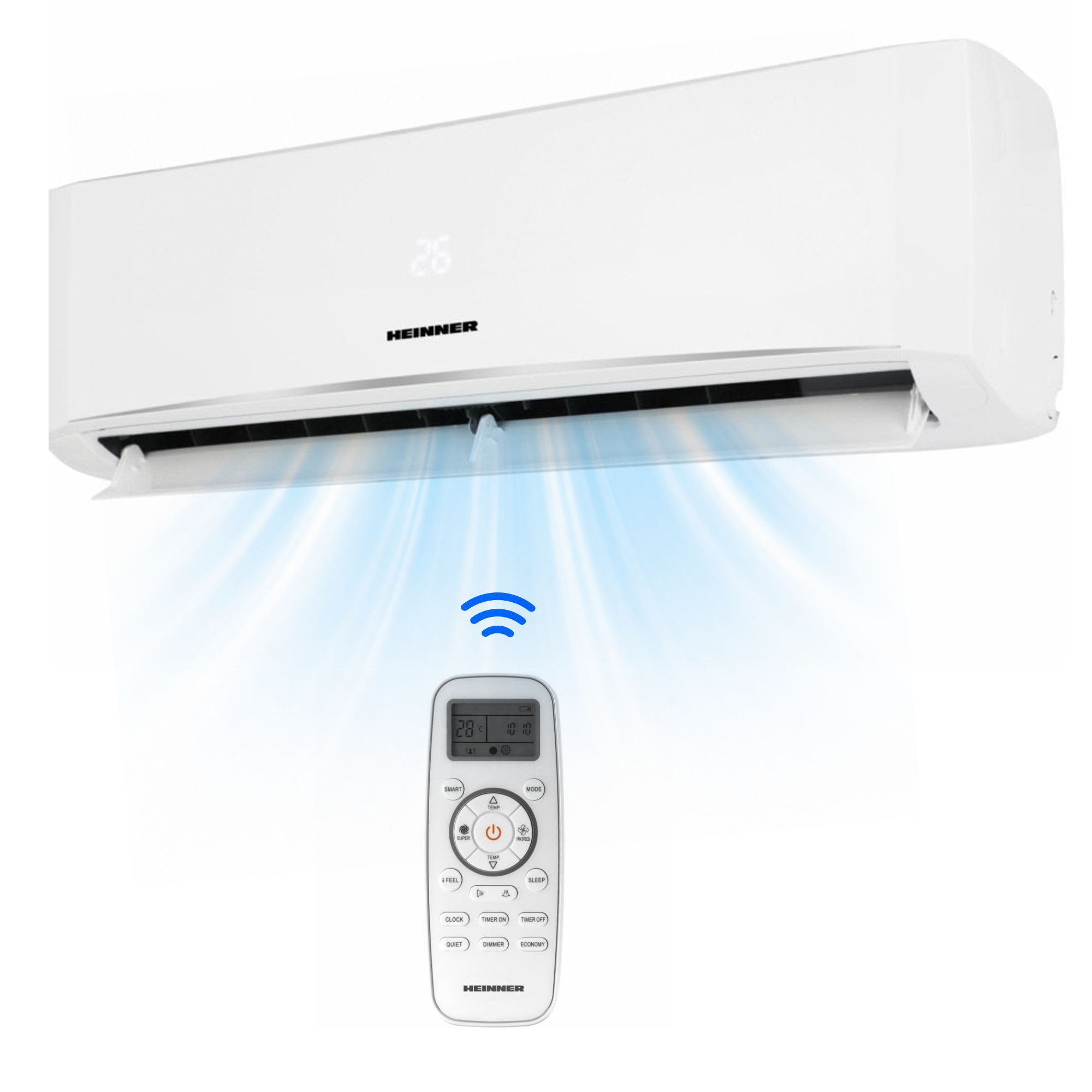 Un climatiseur blanc avec une télécommande, émettant de l'air frais.
