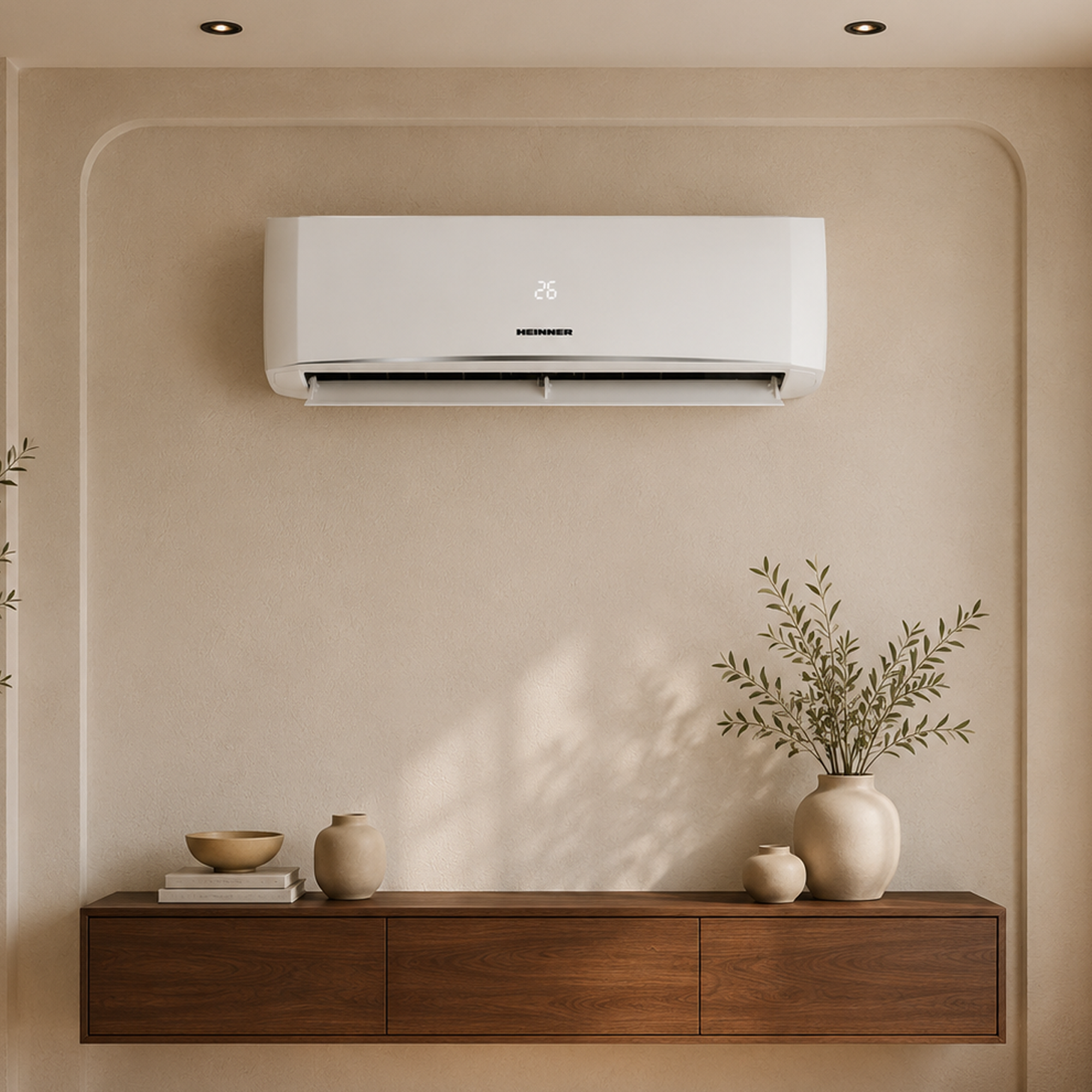 Un climatiseur blanc monté sur un mur beige. En dessous, un meuble en bois avec décoration.