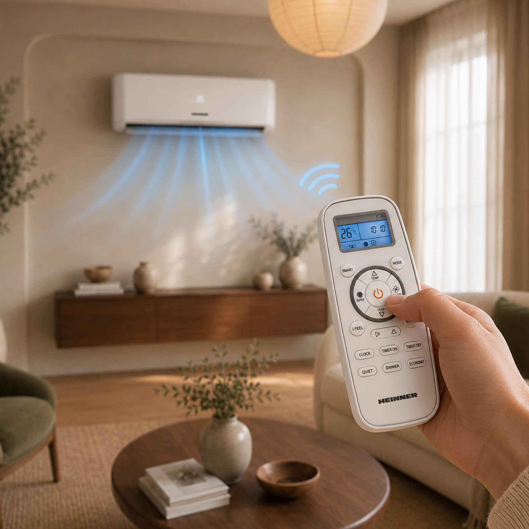 Main tenant une télécommande, dirigée vers un climatiseur soufflant de l'air bleu froid.