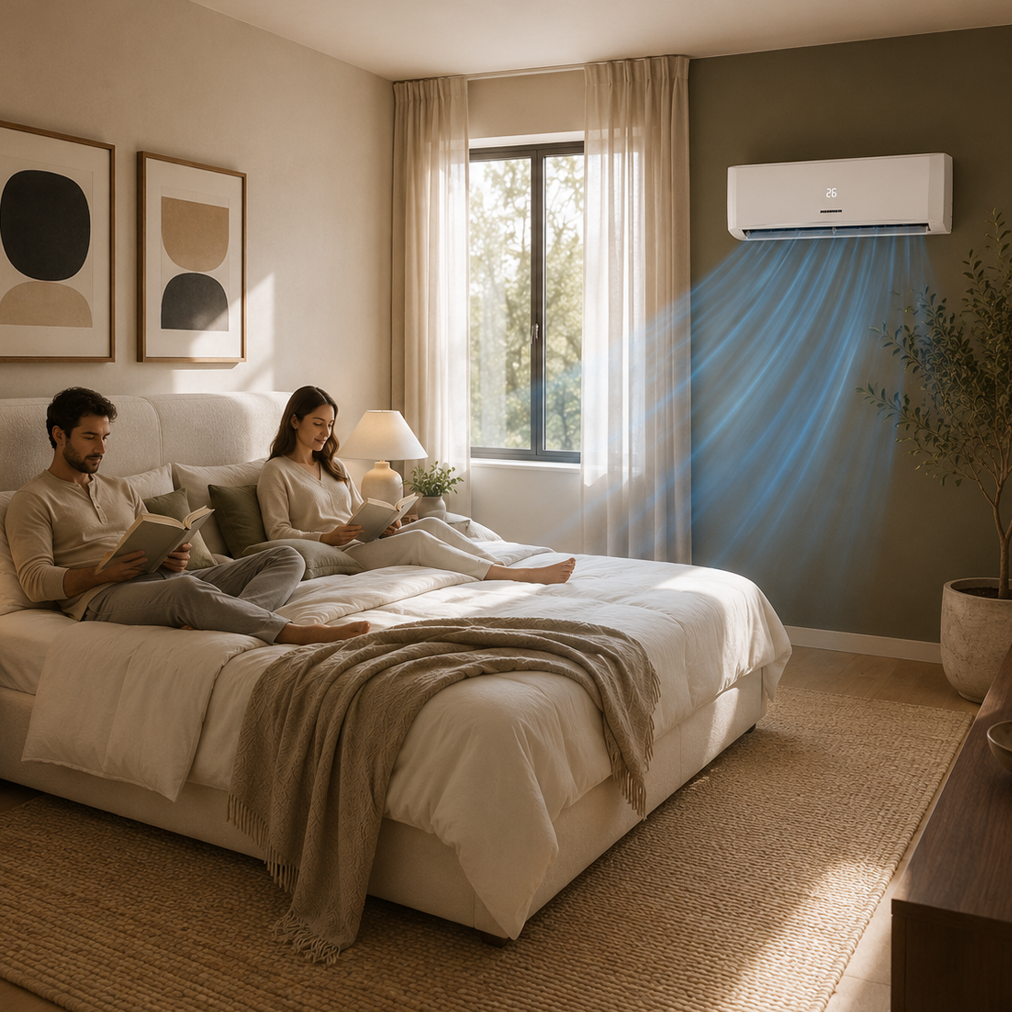 Un couple lit au lit pendant qu'un climatiseur souffle de l'air frais.