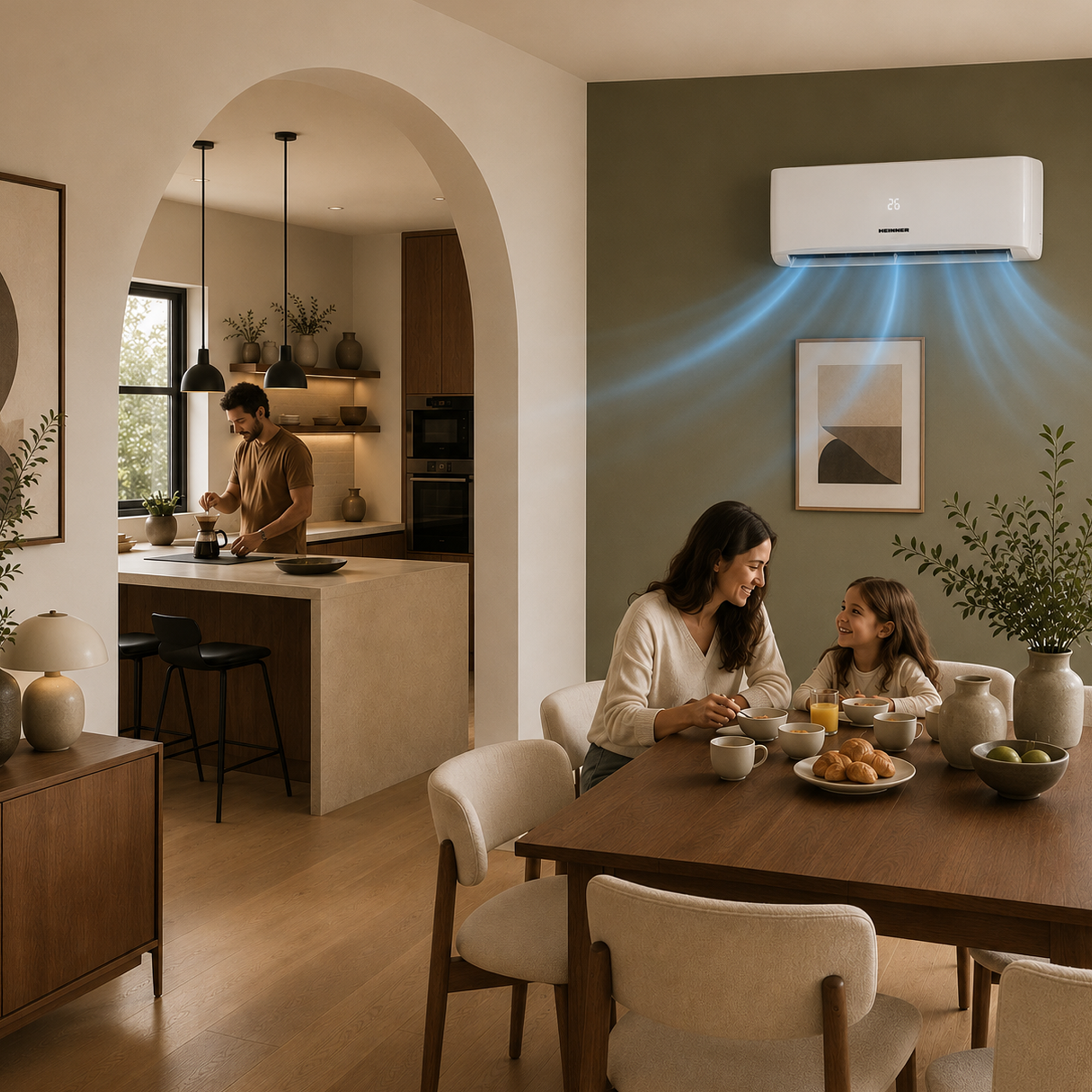 Une famille prend son petit-déjeuner pendant qu'un climatiseur rafraîchit la pièce.