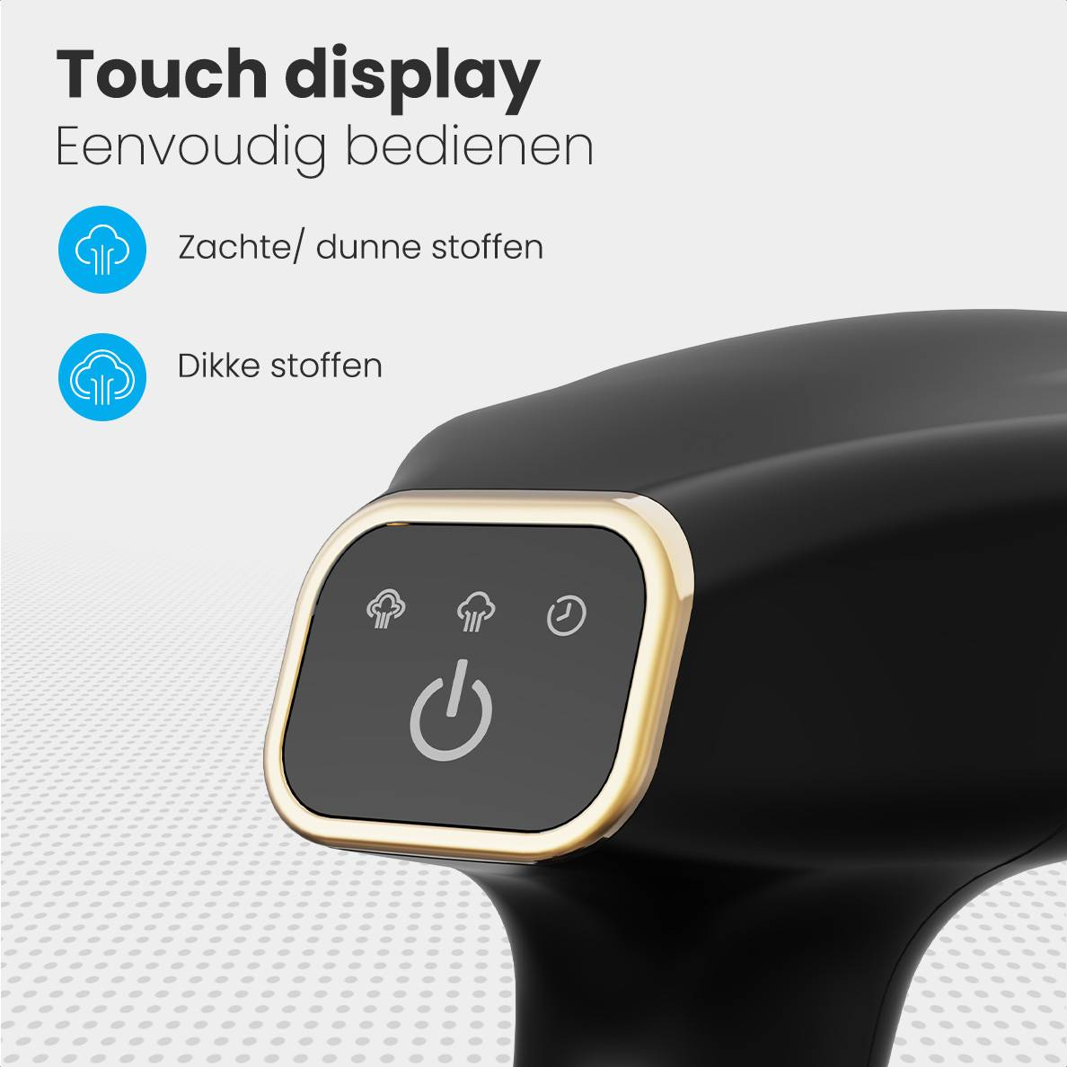 Schwarzer Dampfglätter mit Touch-Display und Ein-/Aus-Taste.