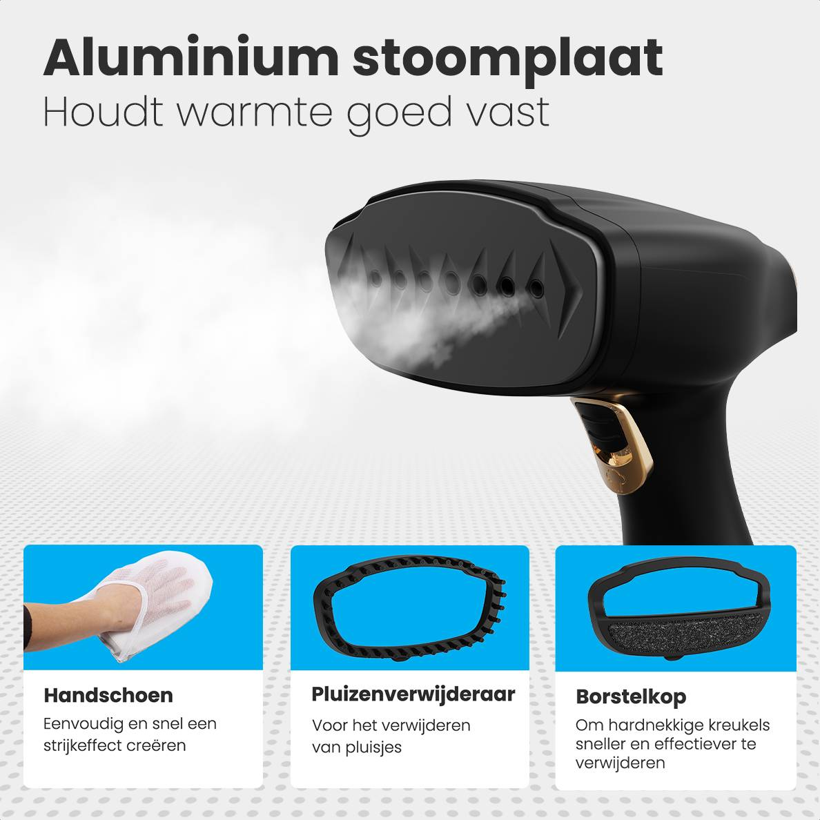 Dampfbügeleisen mit Aufsätzen: Handschuh, Fusselentferner, Bürstenkopf.