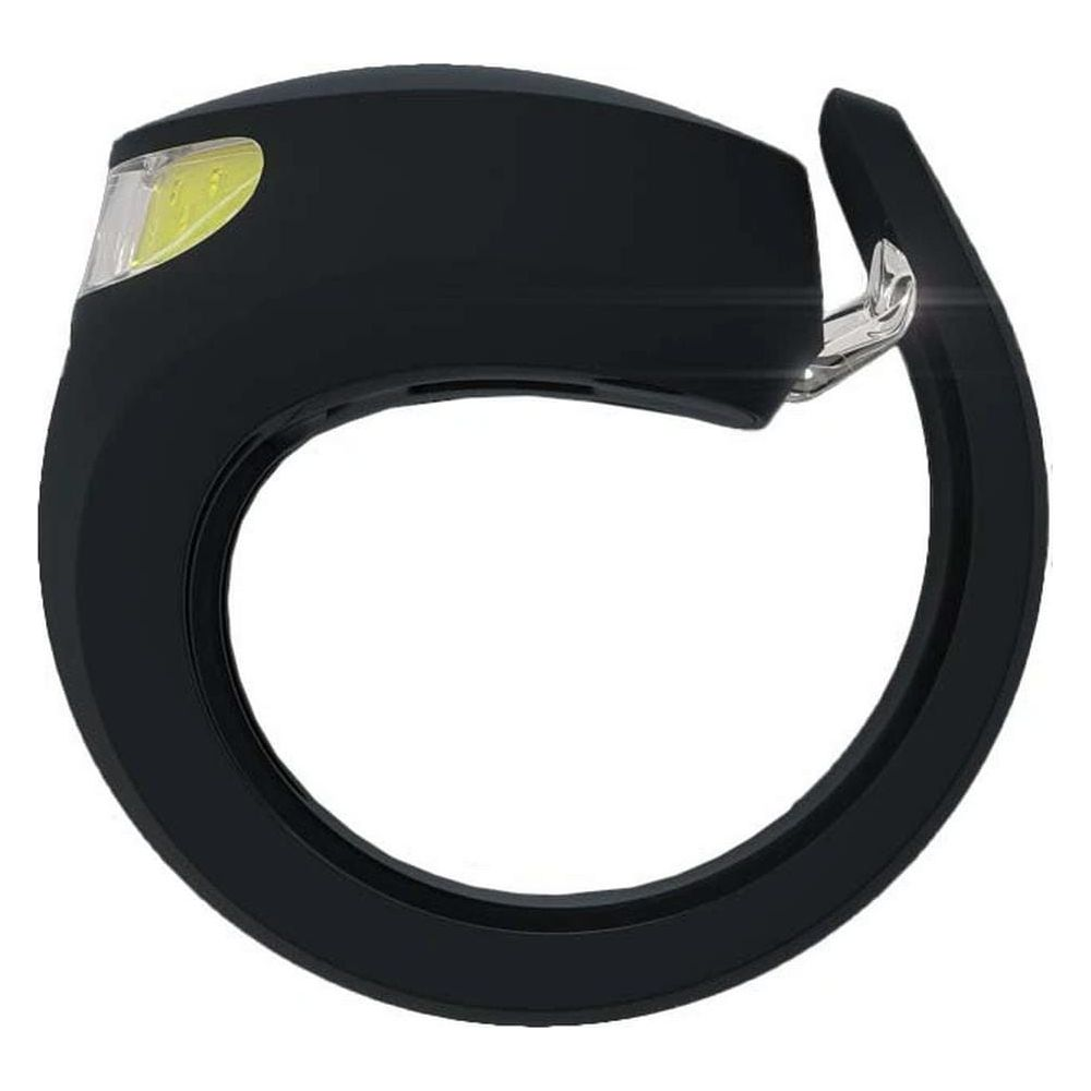 Ein schwarzer Fahrradscheinwerfer in Ringform mit gelbem Licht und Metallclip.