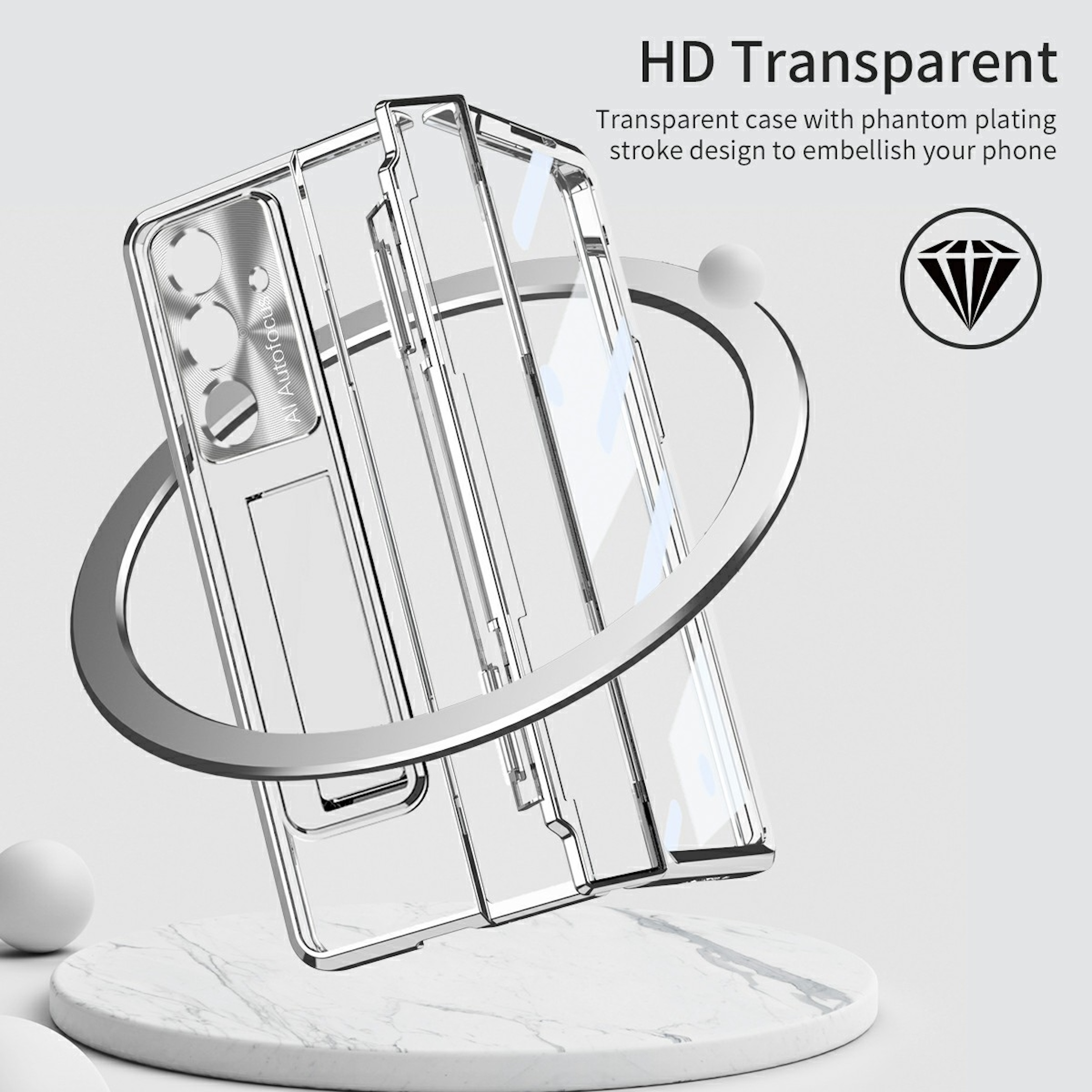 Transparente Handyhülle mit silbernem Rahmen und Fokusdesign.